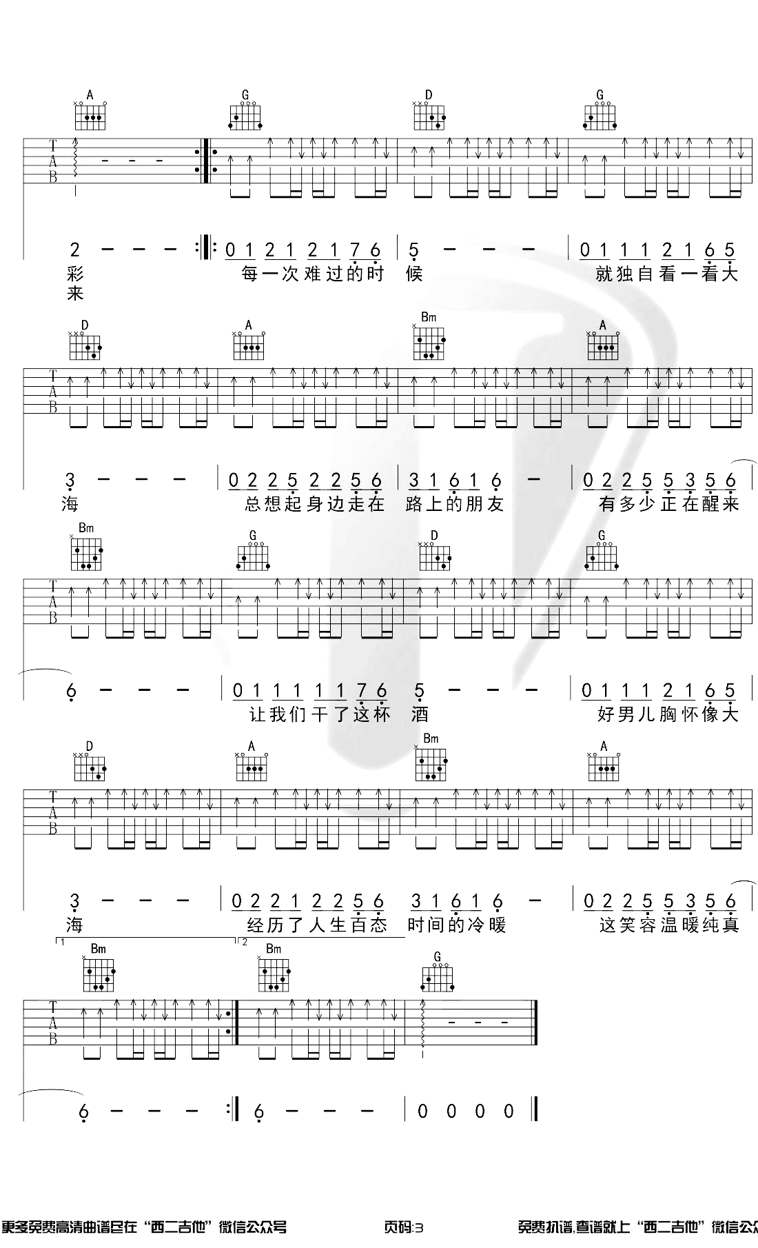 许巍《曾经的你》吉他谱 D调