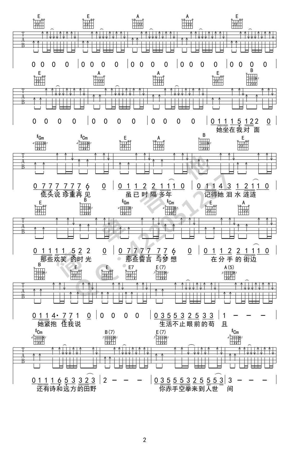 许巍《生活不止眼前的苟且》原版吉他谱 弹唱