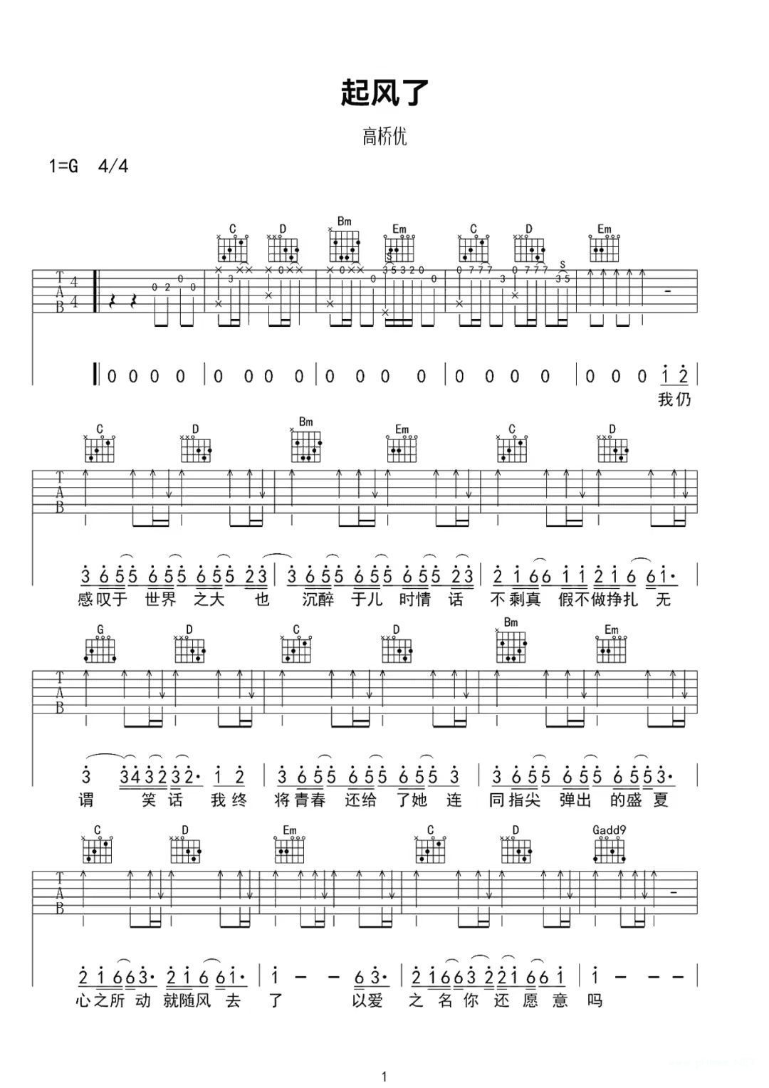 高桥优《起风了》吉他谱 G调