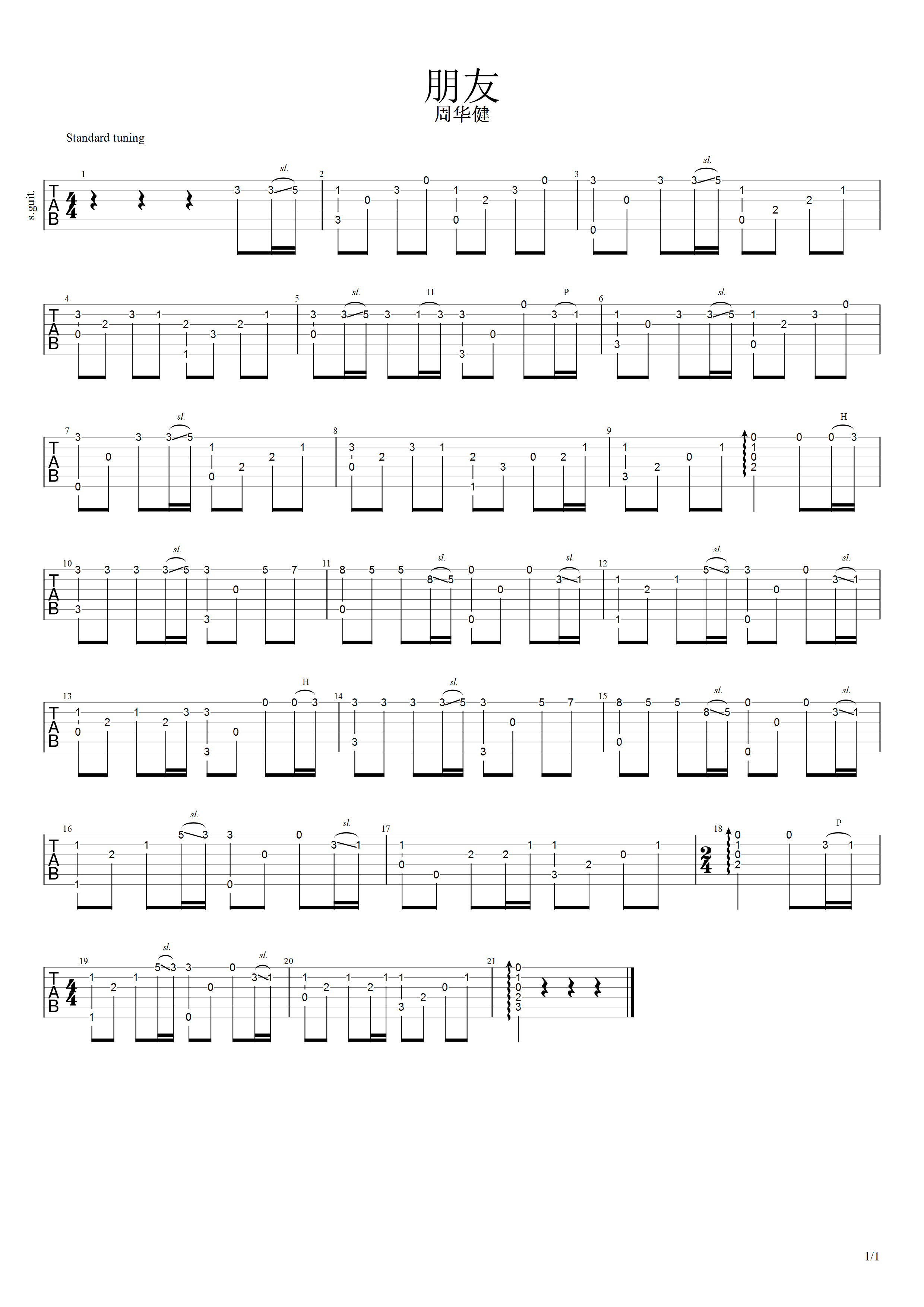 周华健 《朋友》吉他谱指弹