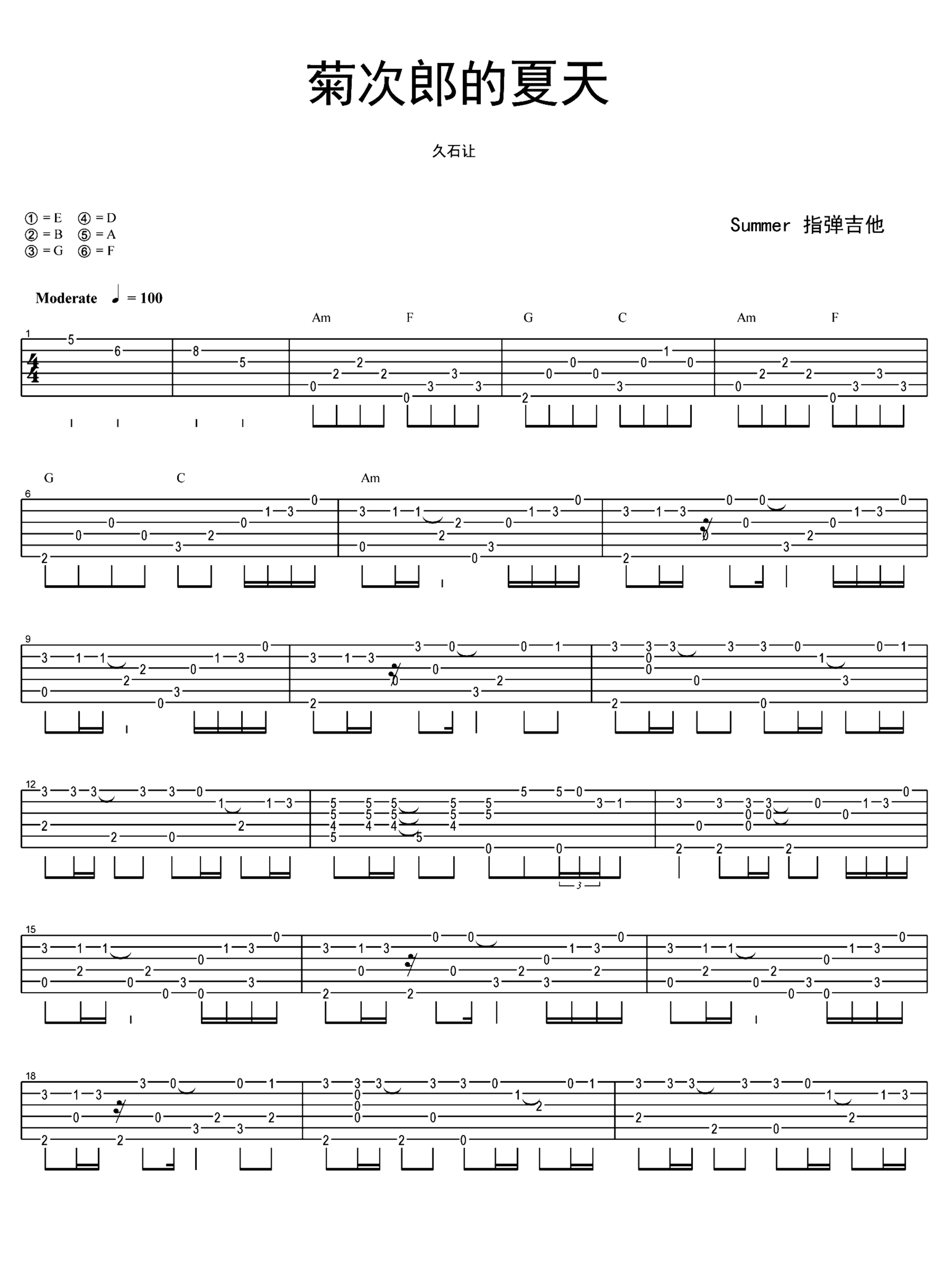《菊次郎的夏天》吉他独奏谱-久石让
