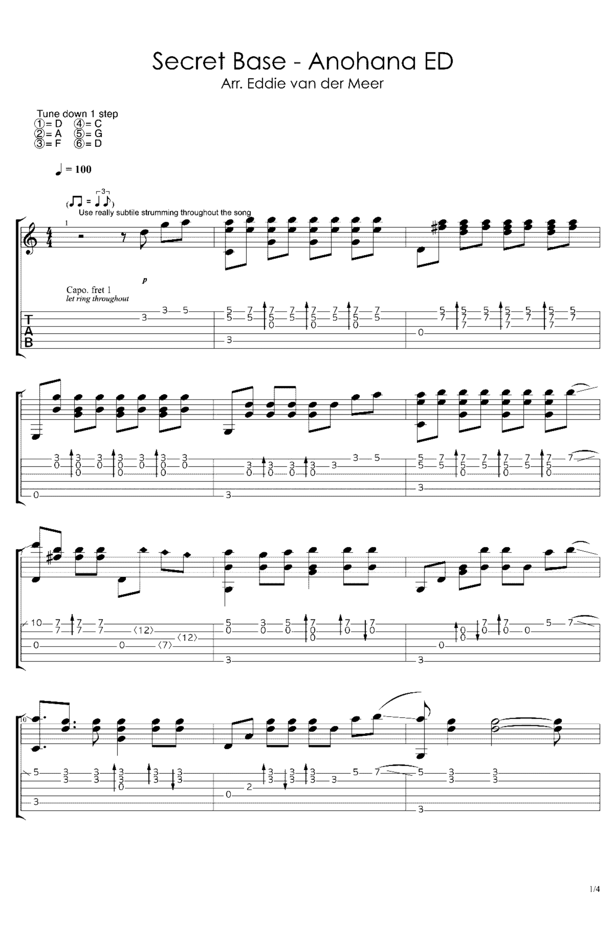 《未闻花名》吉他独奏谱-佚名