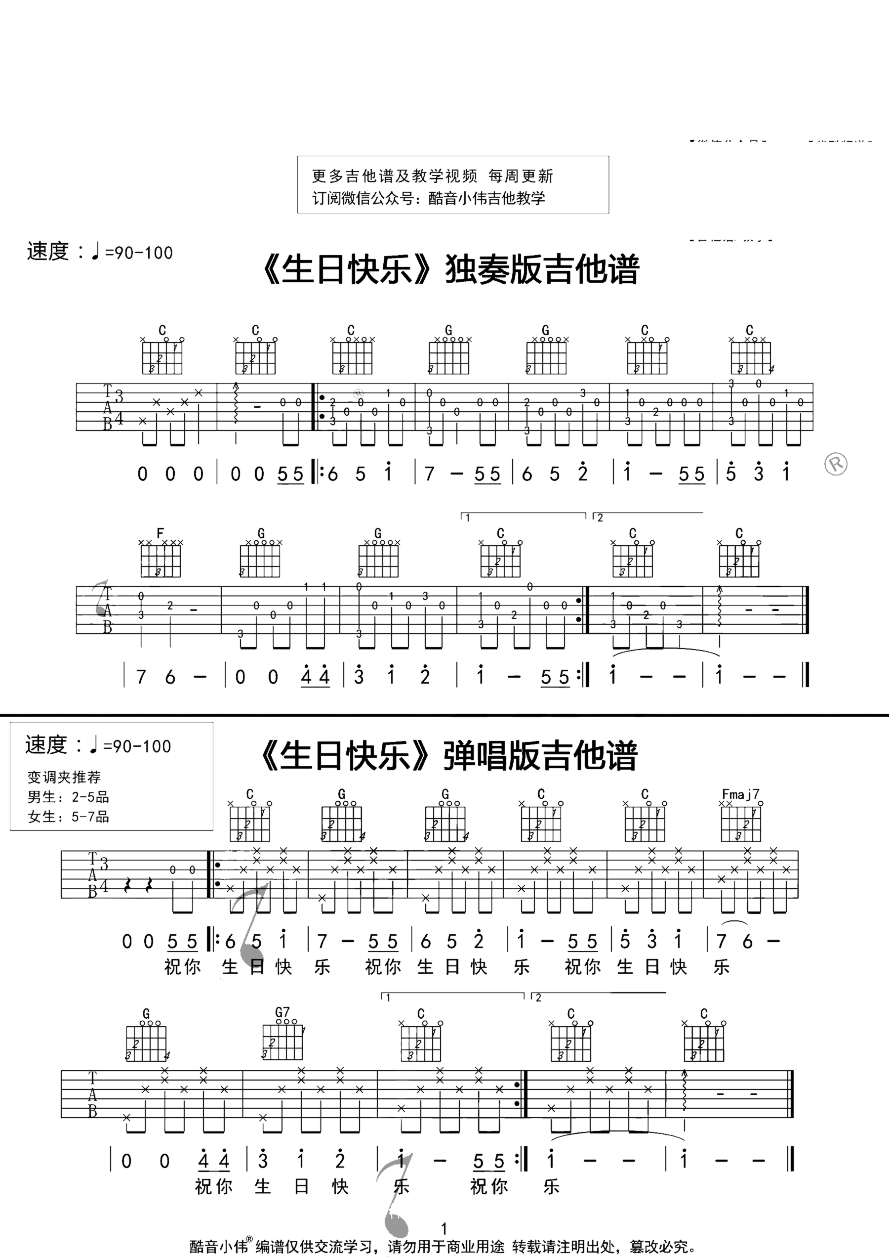《生日快乐》吉他独奏谱-佚名