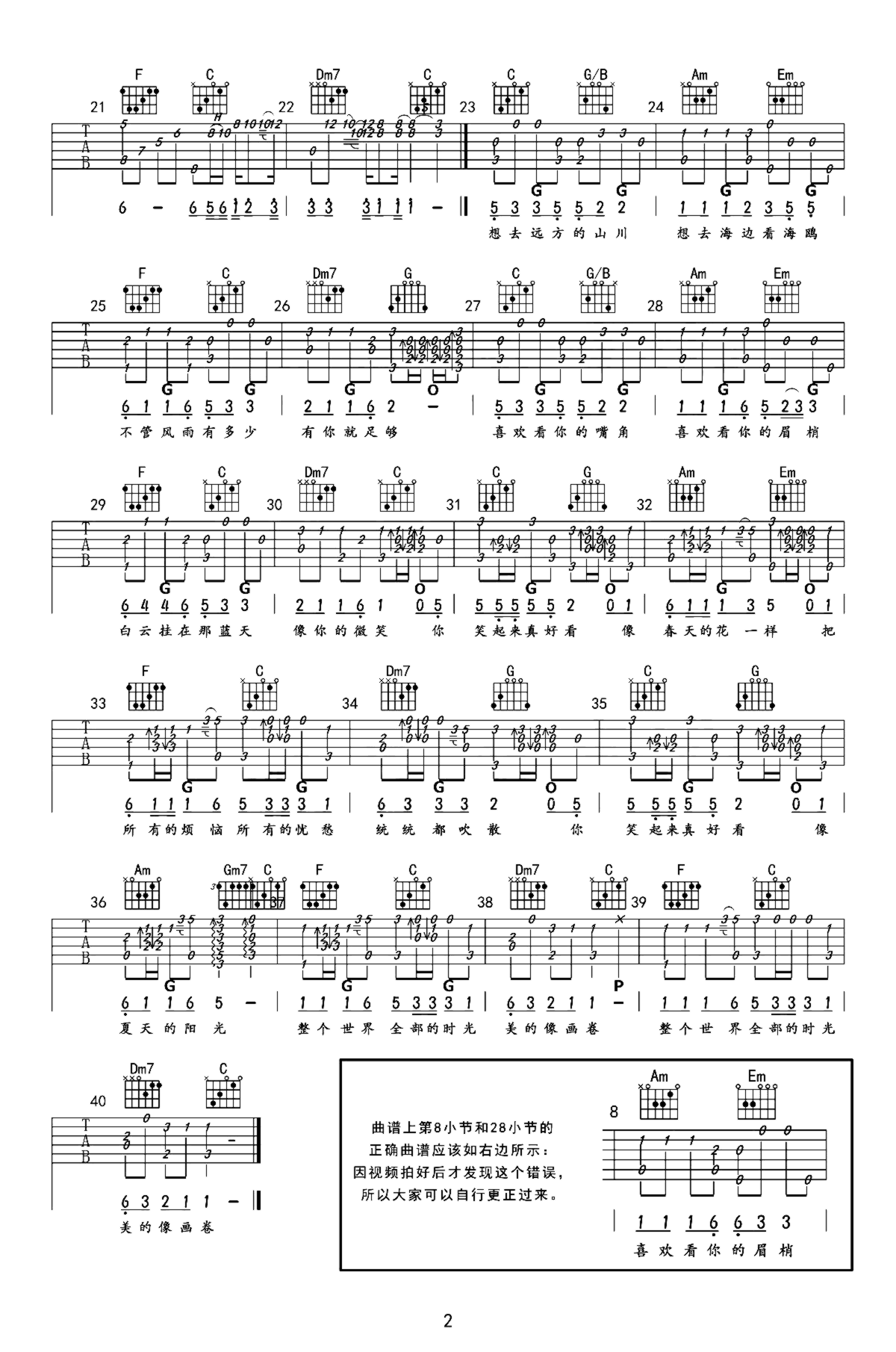 《你笑起来真好看》吉他独奏谱-周兵,李凯稠