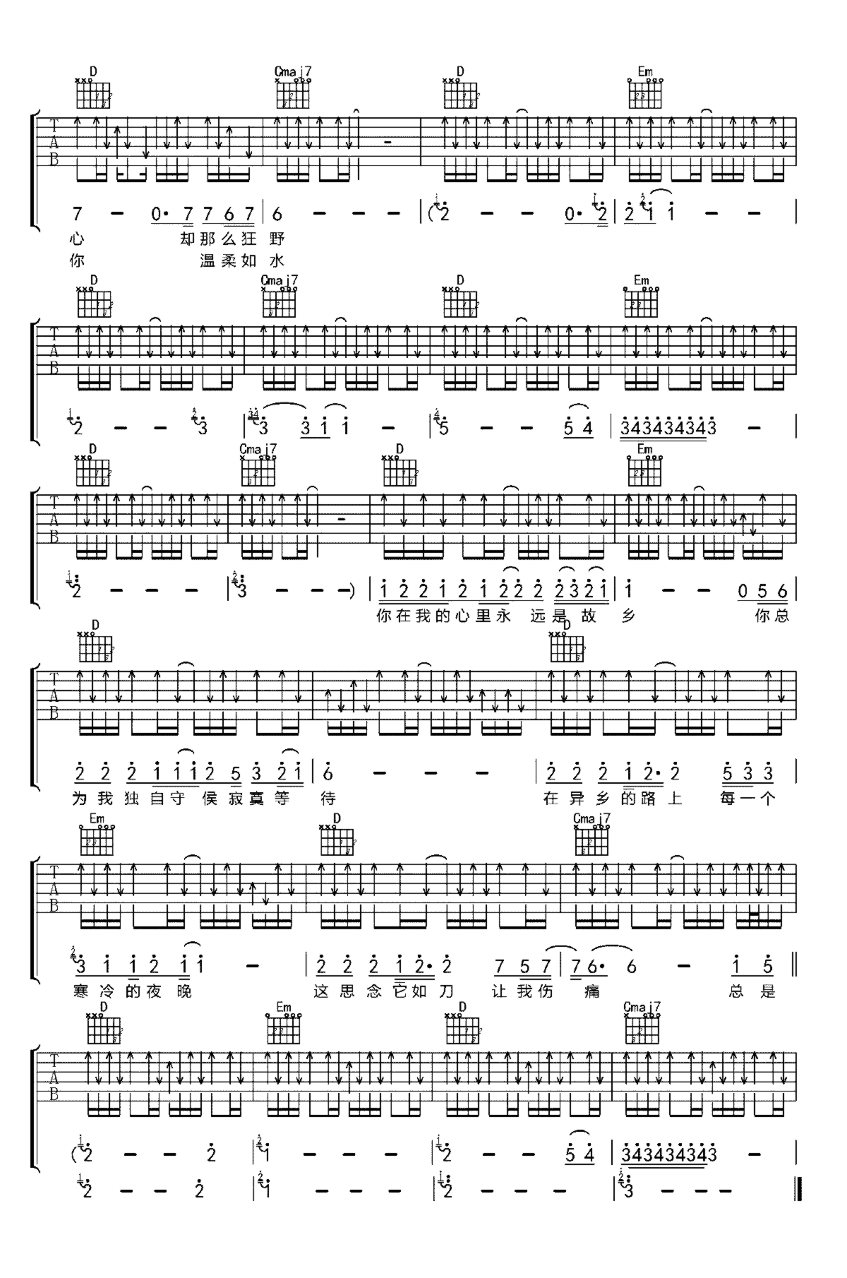 《故乡》吉他独奏谱-许巍