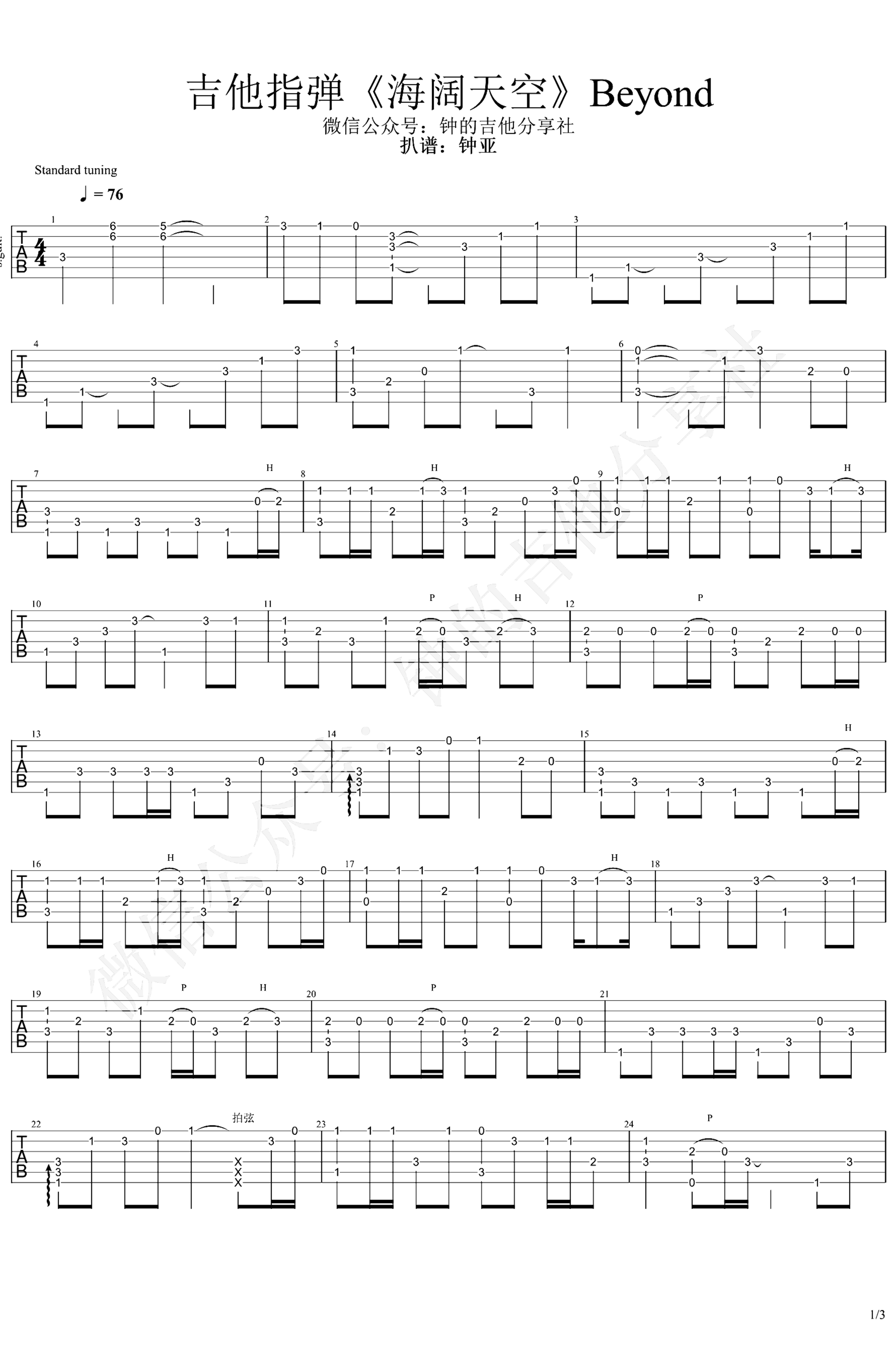 《海阔天空》吉他独奏谱-黄家驹