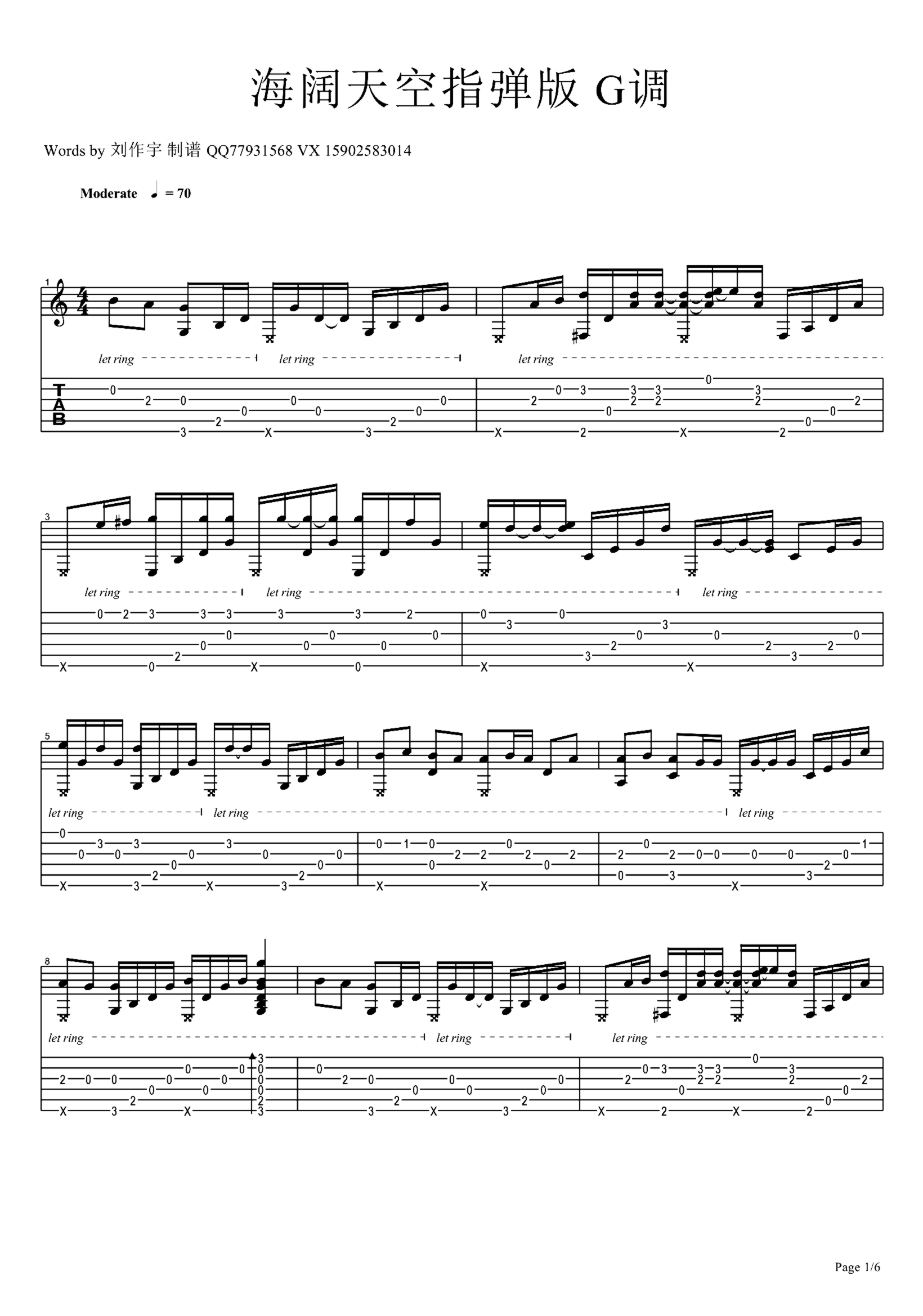 《海阔天空》吉他独奏谱-黄家驹