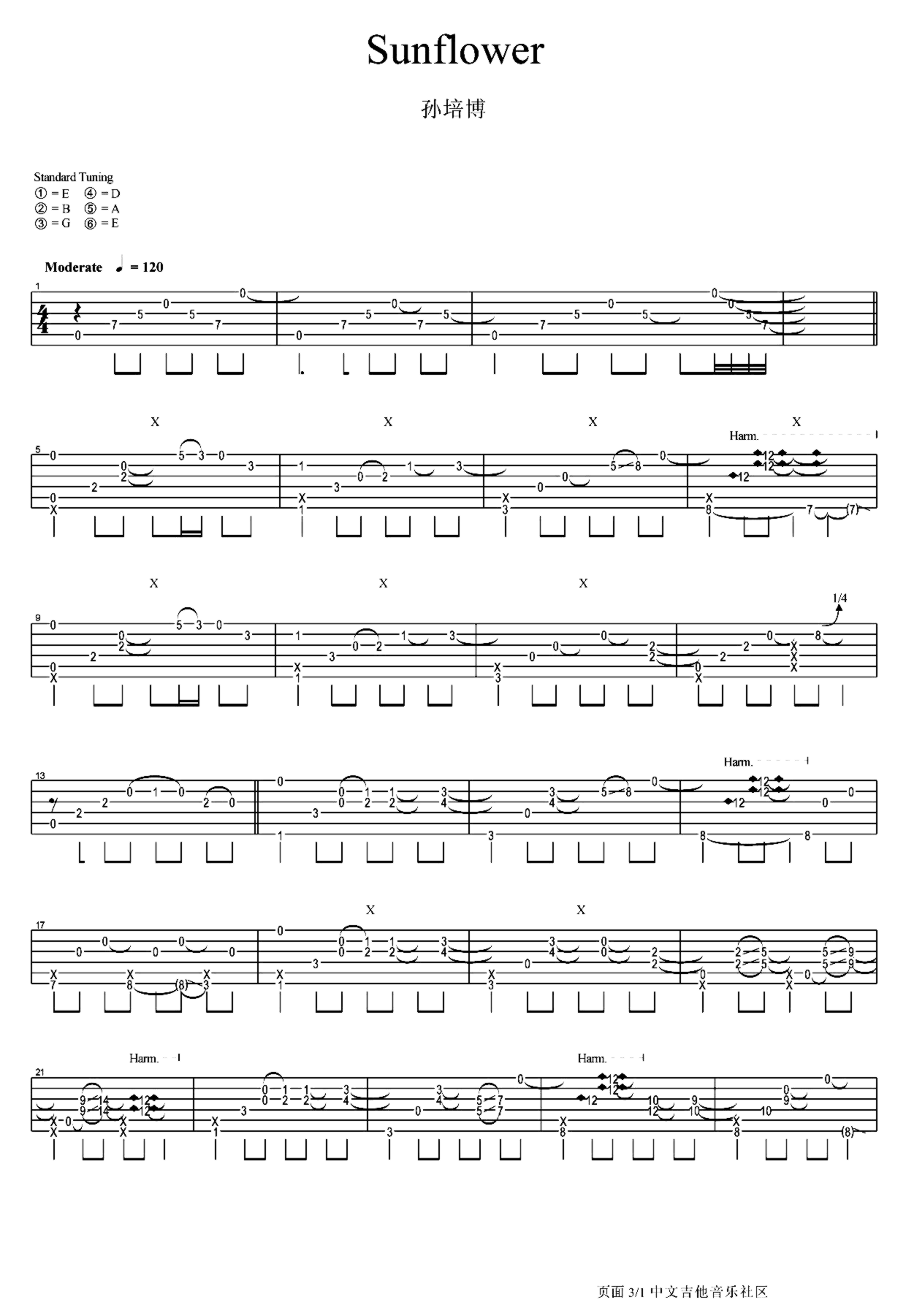 《Sunflower》吉他独奏谱-孙培博