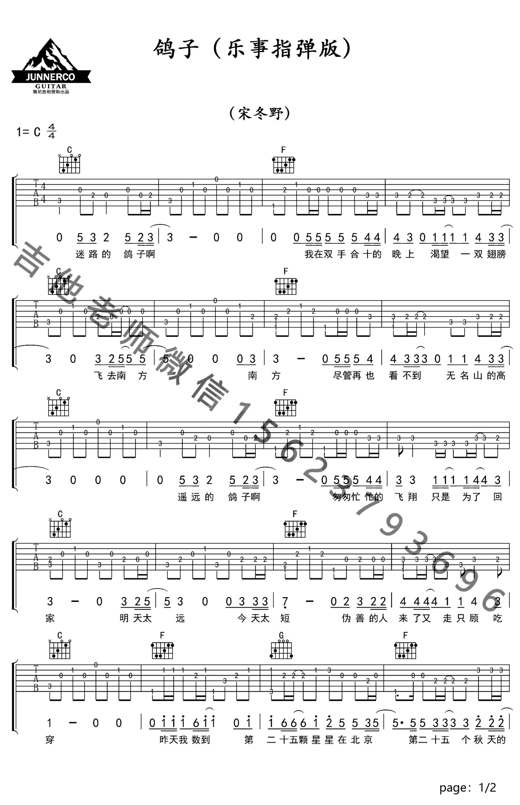 《鸽子》吉他独奏谱-宋冬野