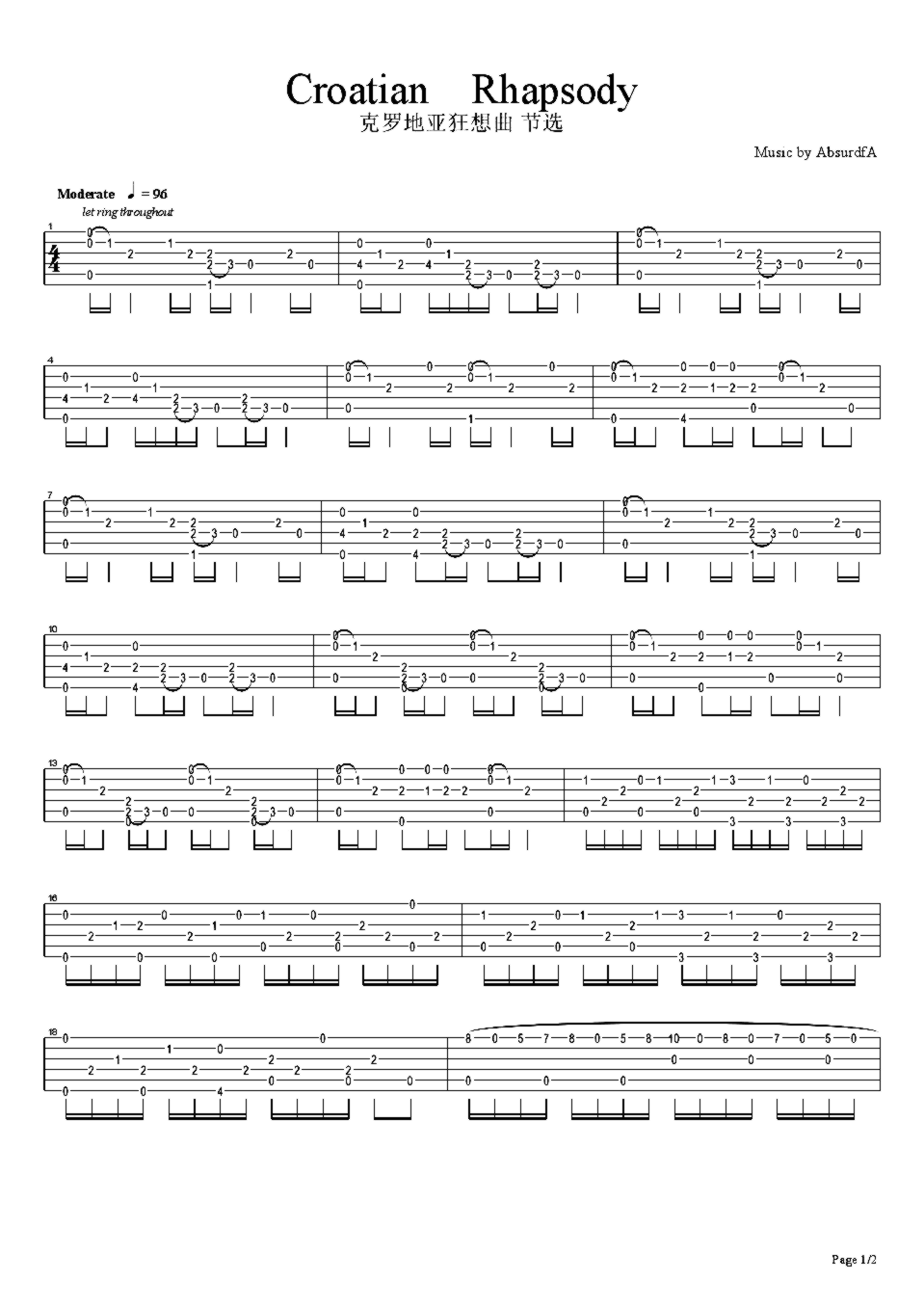 《克罗地亚狂想曲》吉他独奏谱-Tonci