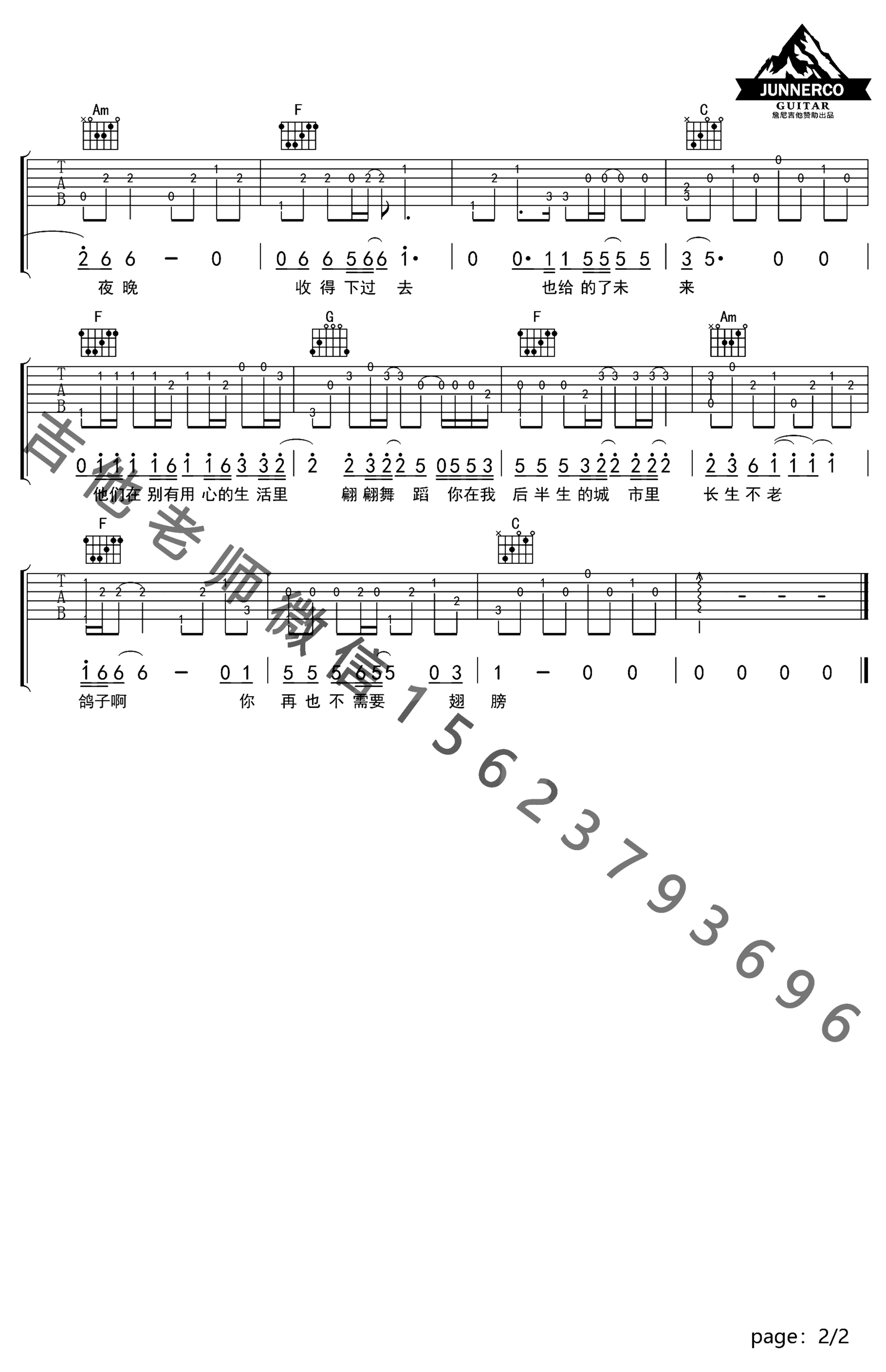 《鸽子》吉他独奏谱-宋冬野