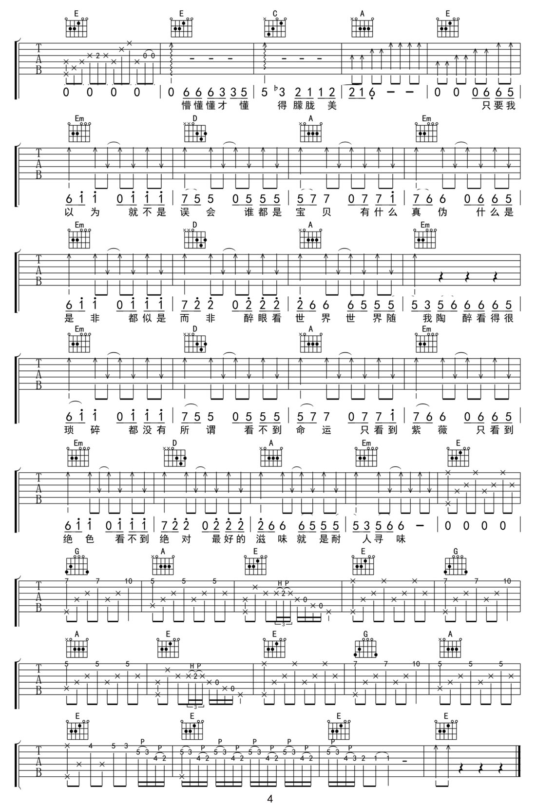 田馥甄《不醉不会》吉他谱_G调扫弦版弹唱谱