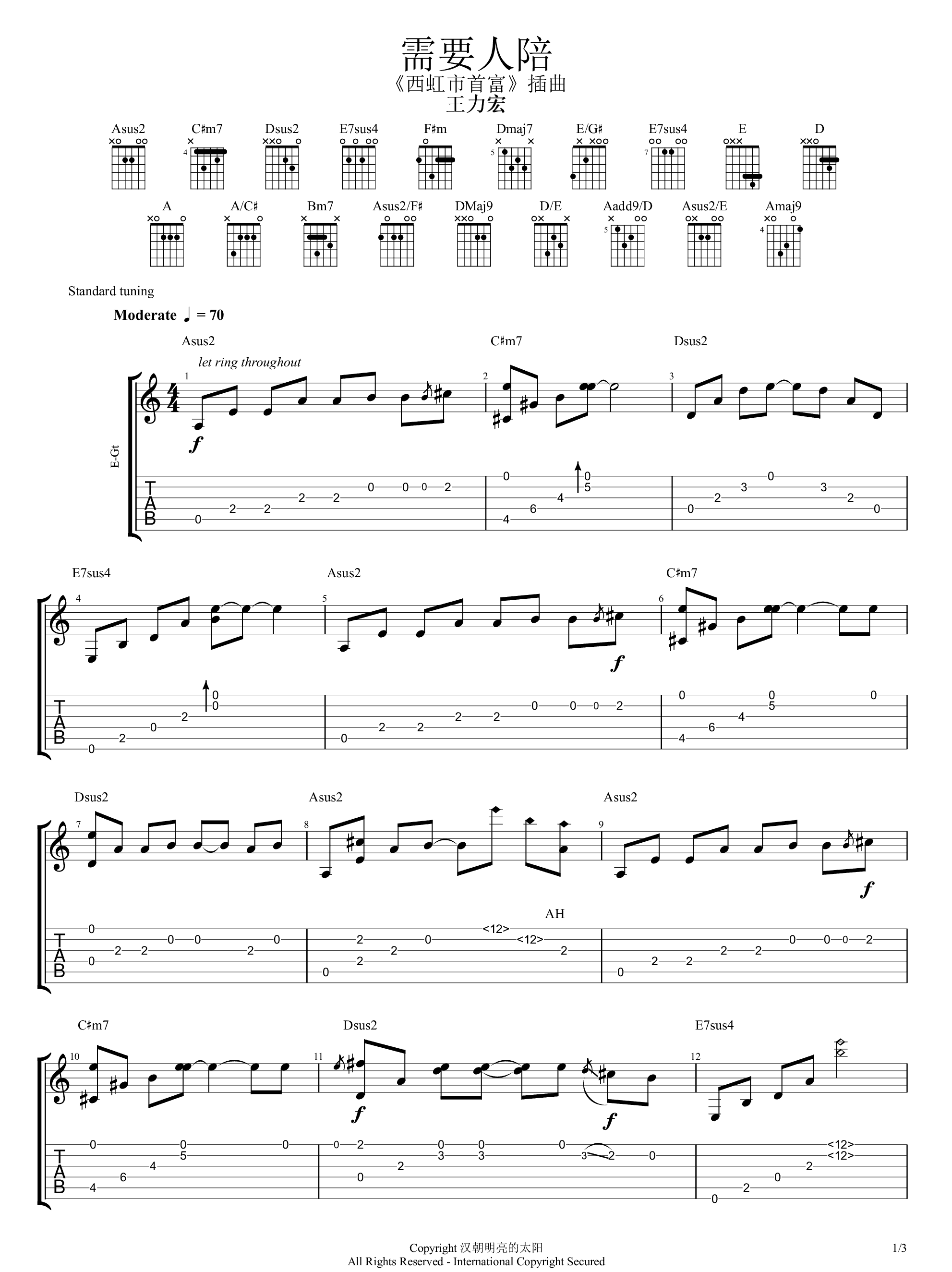 王力宏《需要人陪指弹》吉他谱_原版指弹谱_独奏吉他谱 王力宏《需要人陪指弹》吉他谱_原版指弹谱_独奏吉他谱