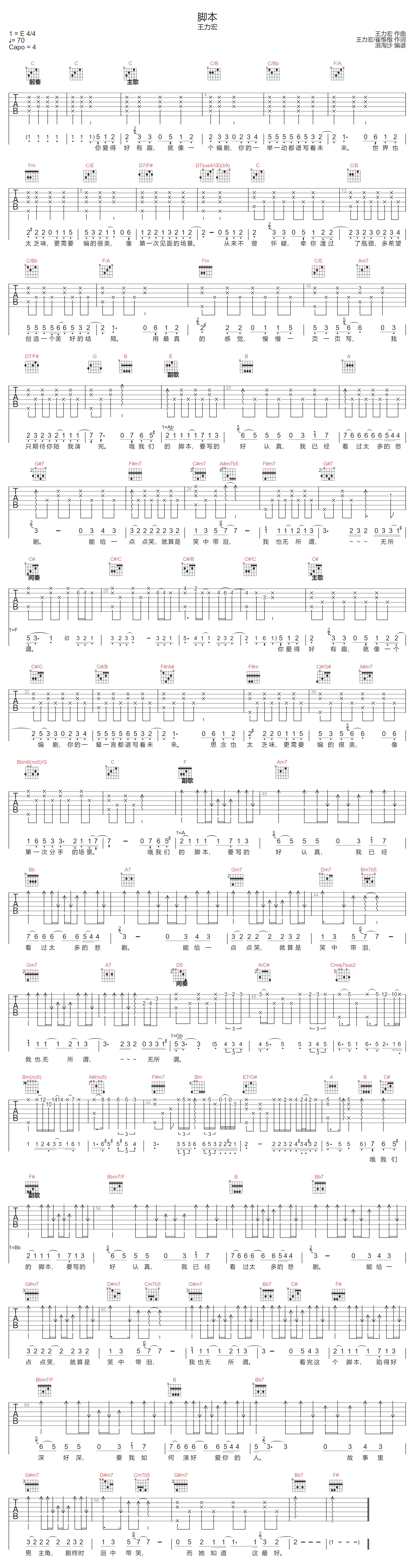 王力宏《脚本》吉他谱_C调指法弹唱谱_图片吉他谱