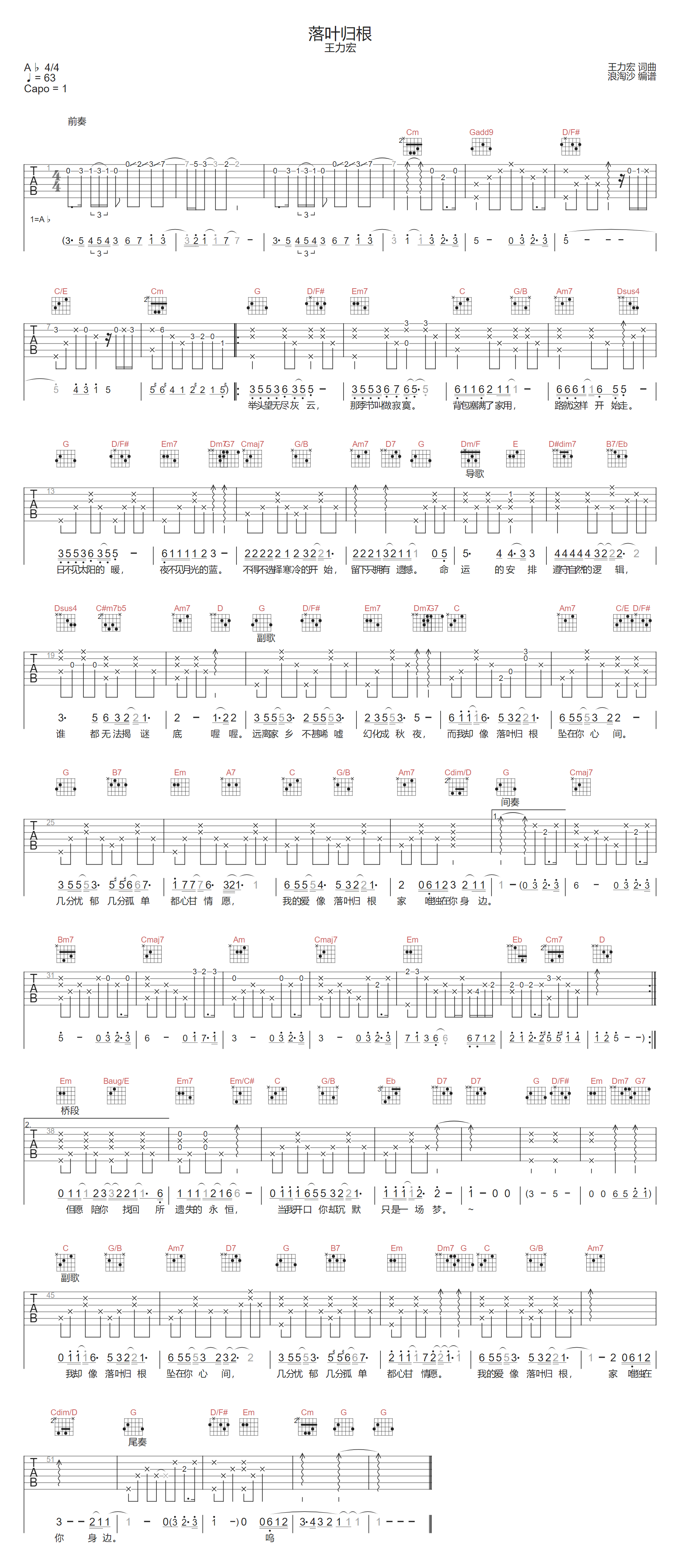 王力宏《落叶归根》吉他谱_G调原版弹唱谱_图片吉他谱