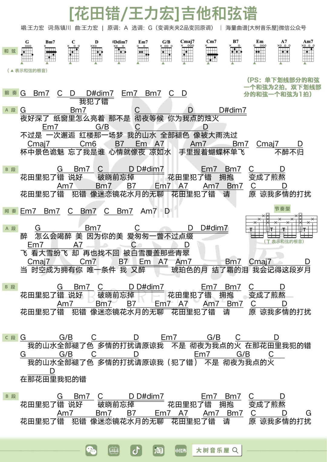 王力宏《花田错》吉他谱_G调指法原版吉他谱_吉他弹唱教学