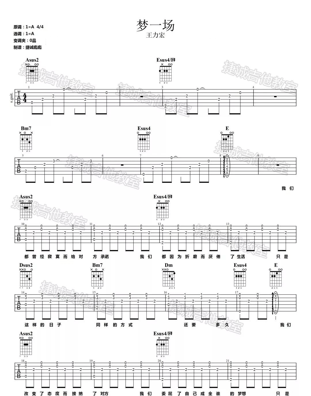 王力宏《梦一场》吉他谱_A调指法原版弹唱谱_图片吉他谱