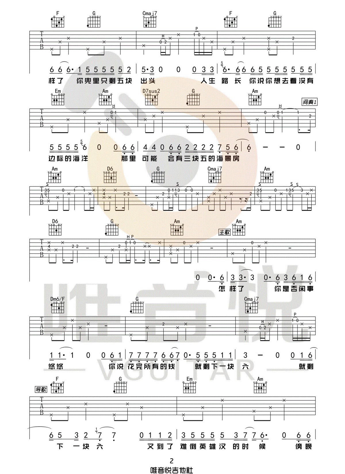 隔壁老樊《四块五》吉他谱_C调指法原版吉他谱_吉他弹唱教学