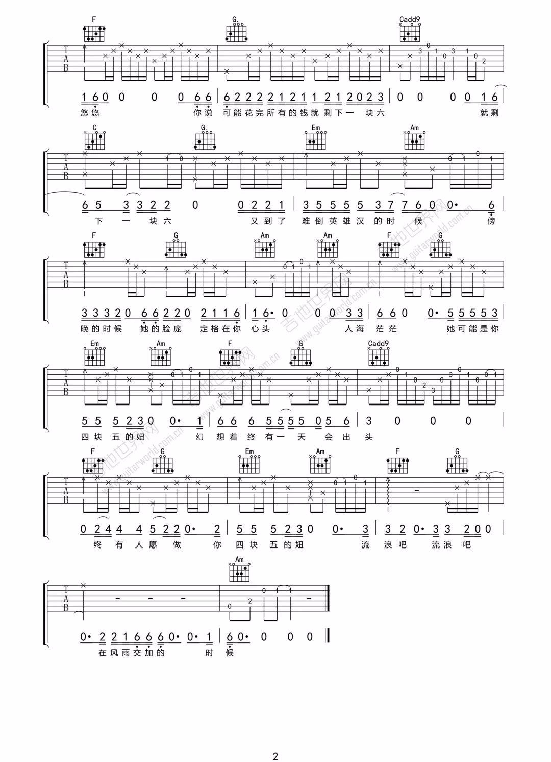 隔壁老樊《四块五》吉他谱_C调指法原版弹唱谱_图片吉他谱