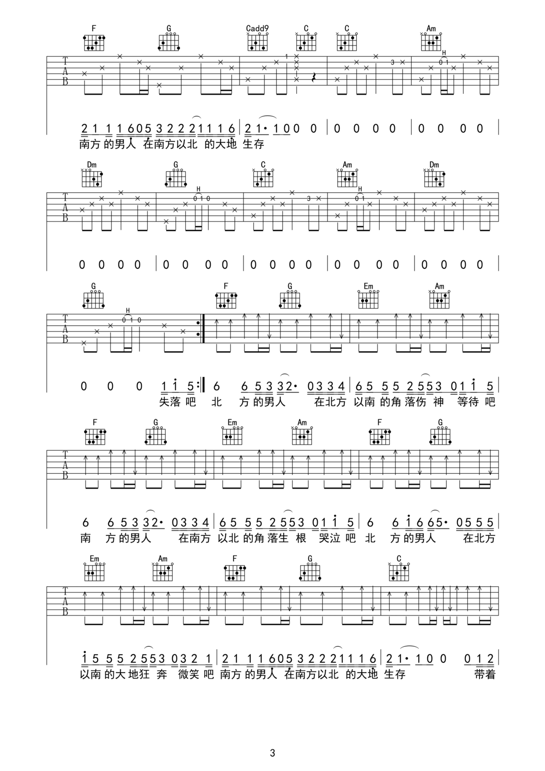 小闯《南方北方》吉他谱_C调原版弹唱谱