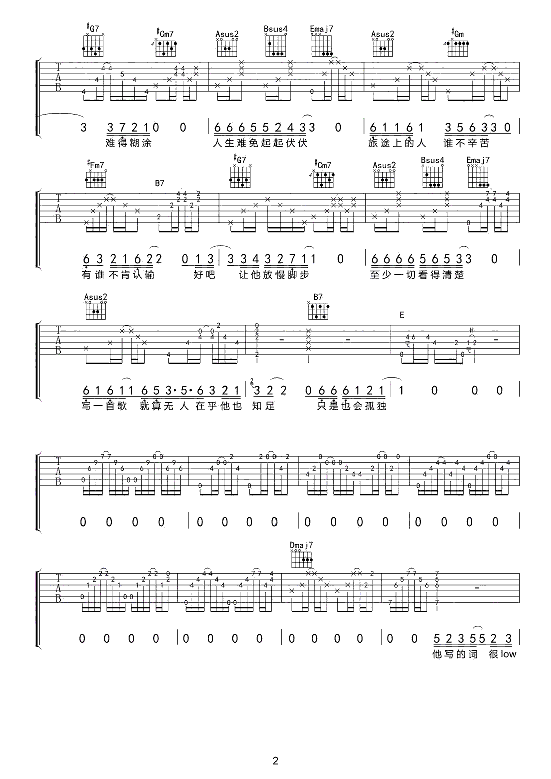 齐一《老齐》吉他谱_E调原版弹唱谱
