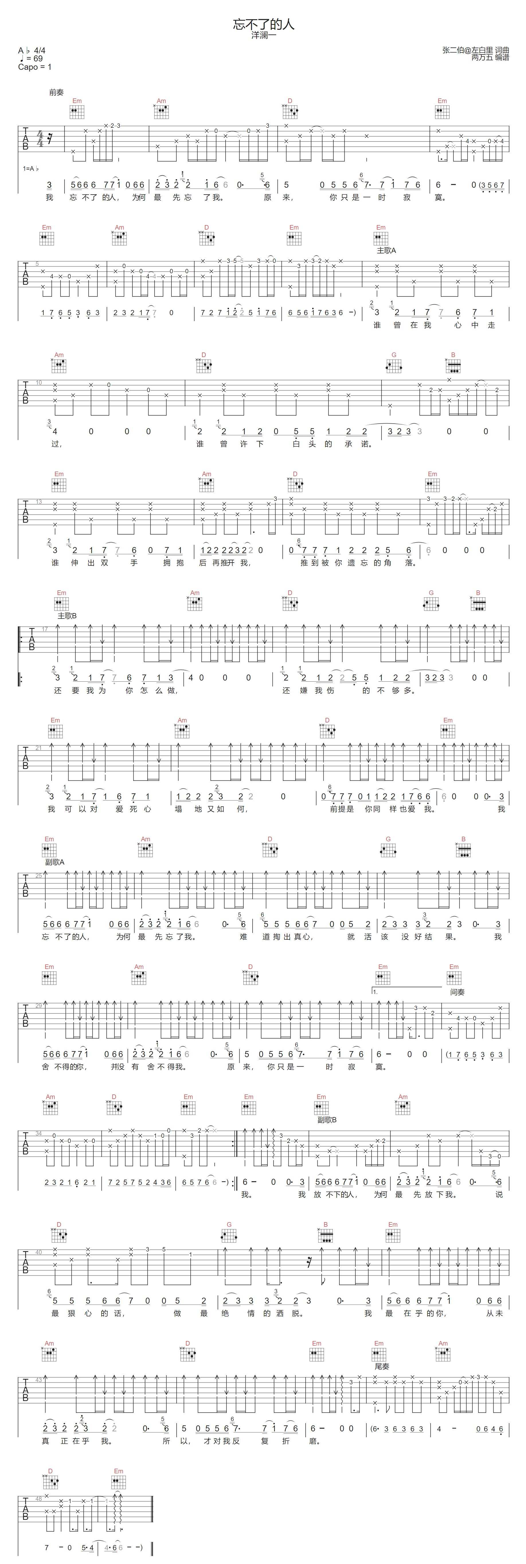 洋澜一《忘不了的人》吉他谱_G调原版弹唱谱