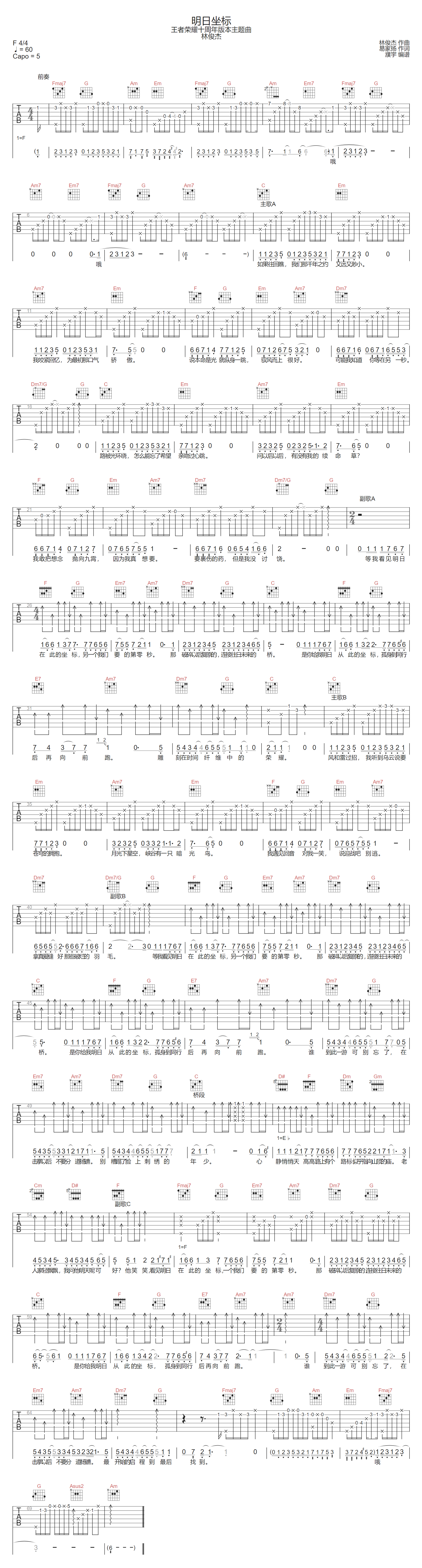 林俊杰《明日坐标》吉他谱_C调原版弹唱谱