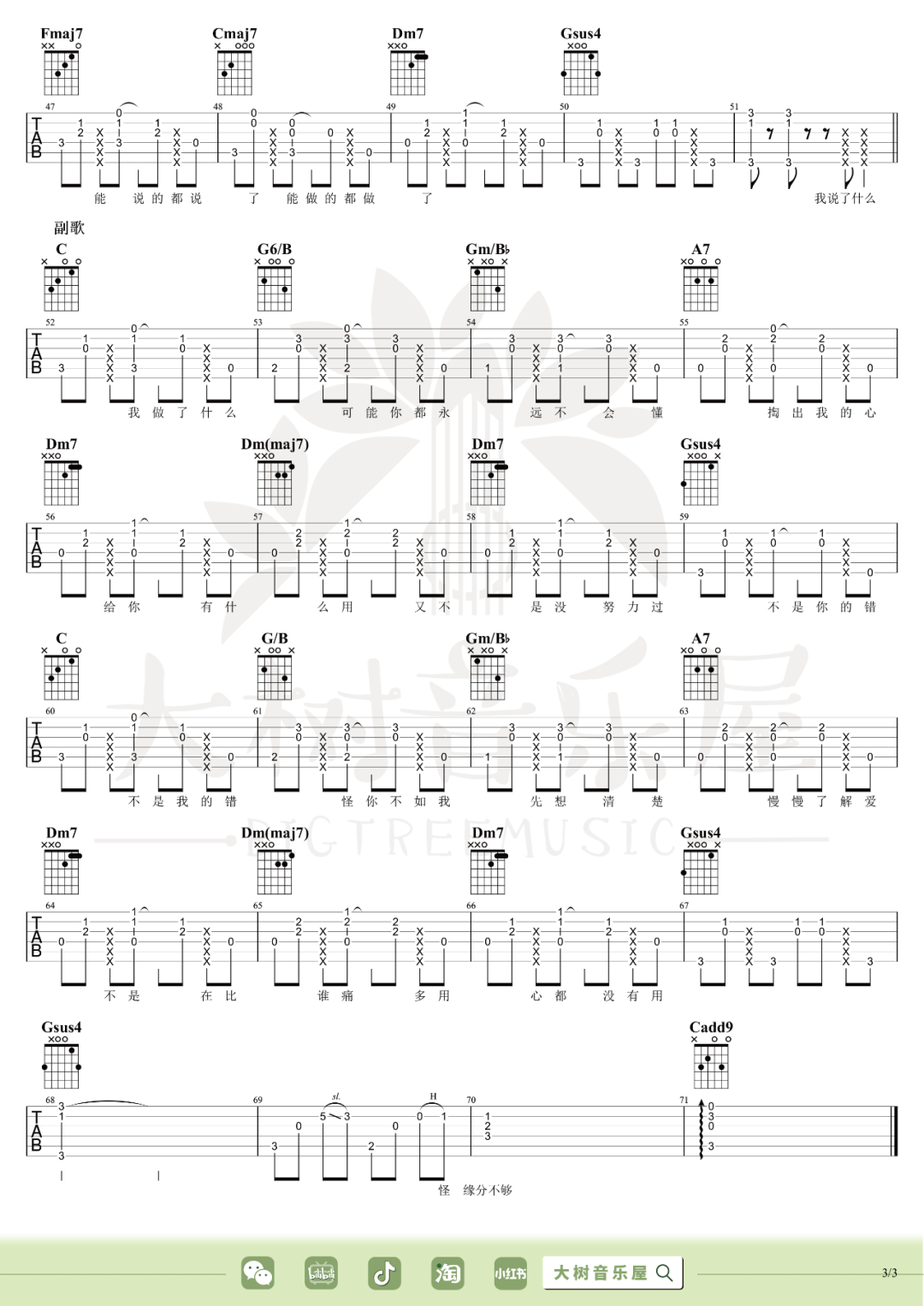陶喆《无缘》吉他谱_C调原版弹唱谱