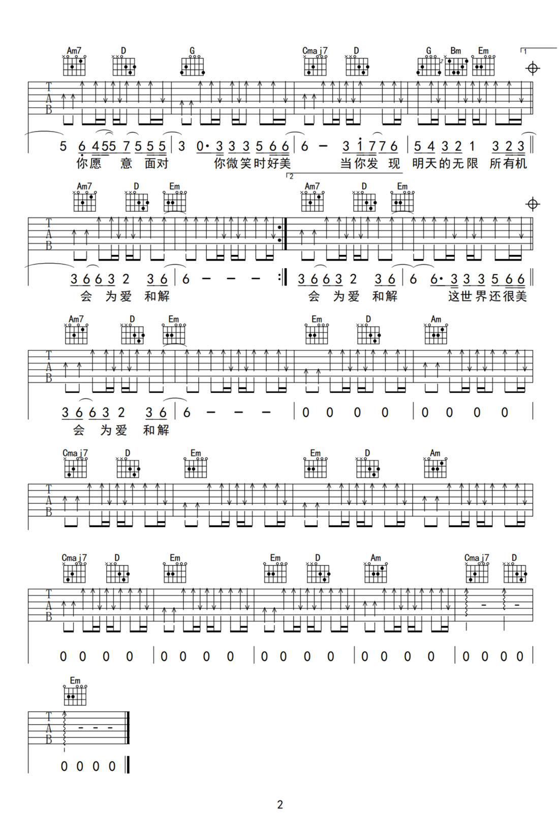 谢霆锋《你微笑时好美》吉他谱_G调扫弦版弹唱谱