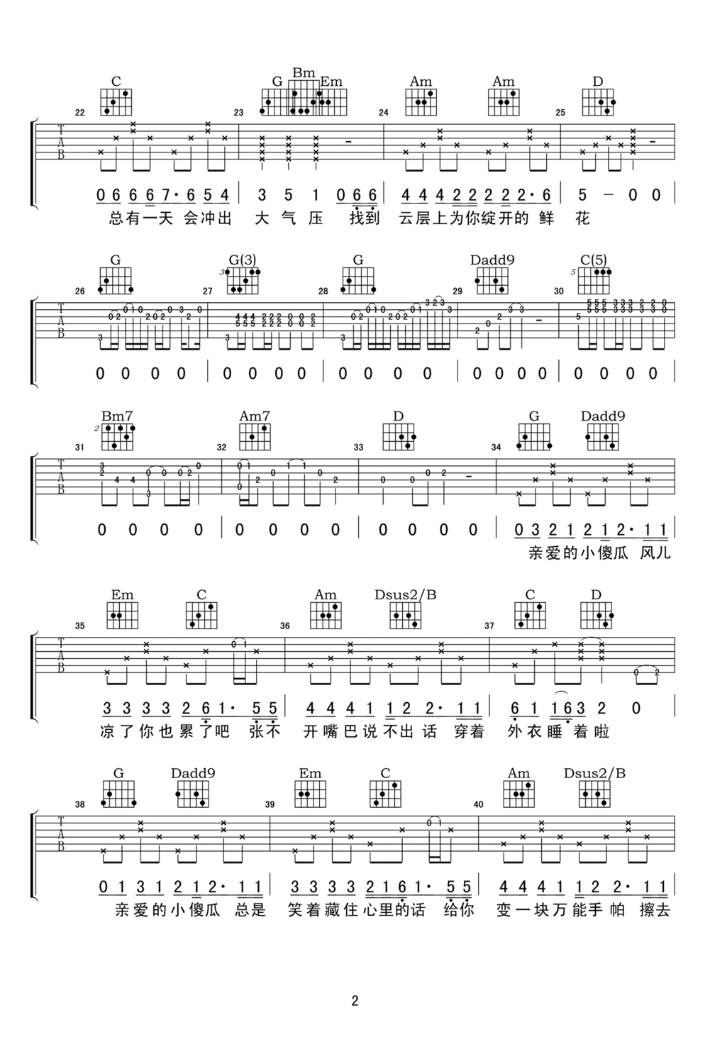 邵夷贝《小傻瓜》吉他谱_G调原版弹唱谱