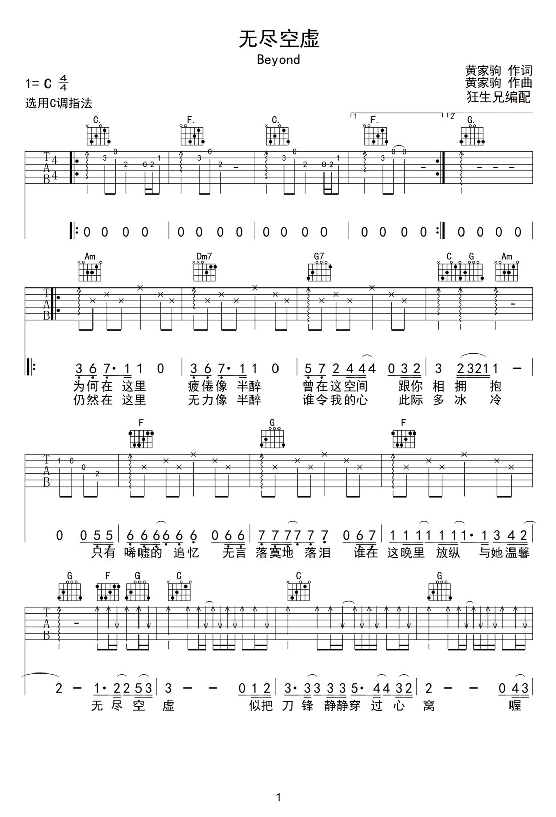 Beyond《无尽空虚》吉他谱_C调原版弹唱谱 Beyond《无尽空虚》吉他谱_C调原版弹唱谱