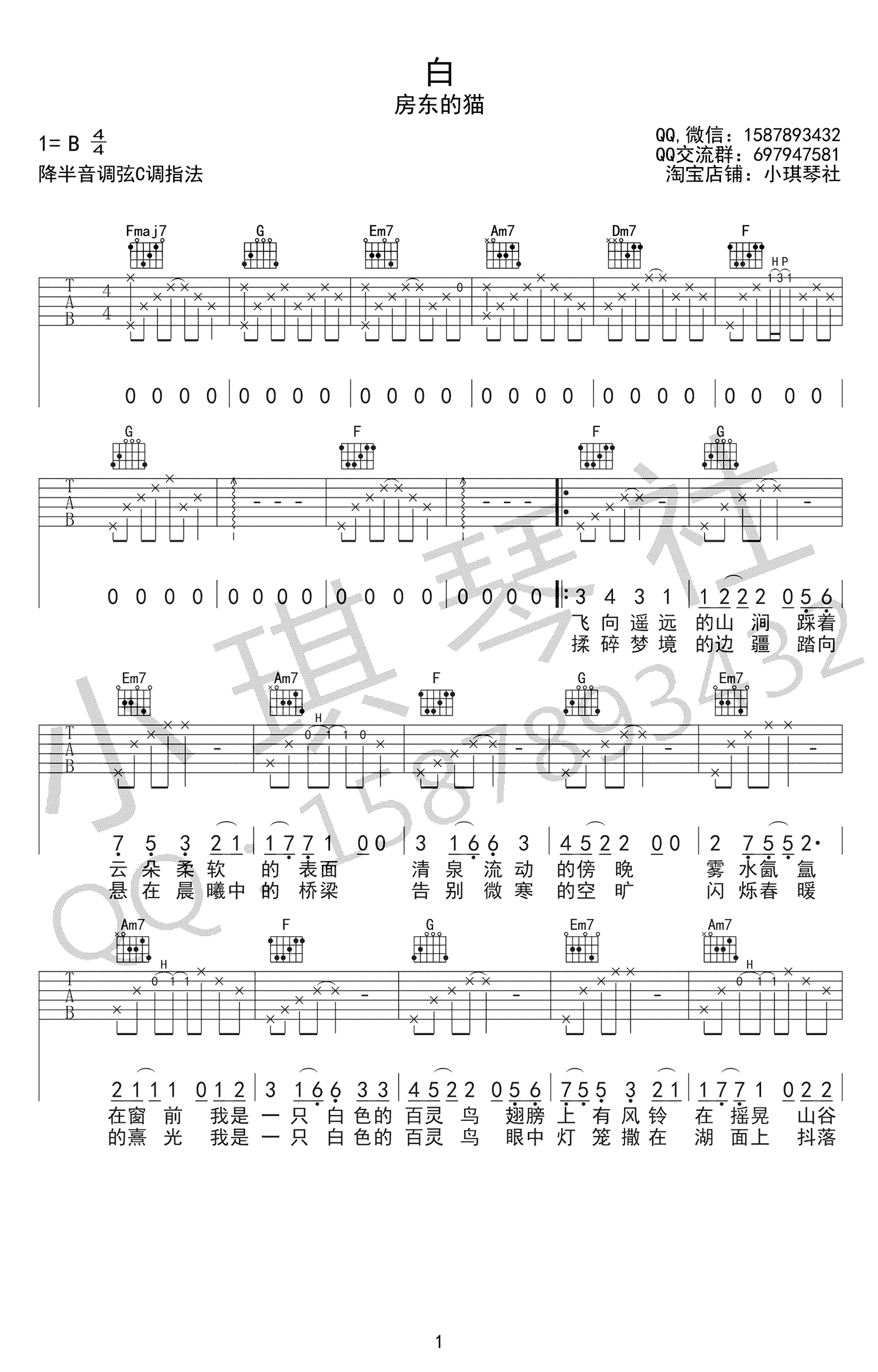 房东的猫《白》吉他谱_C调原版弹唱谱