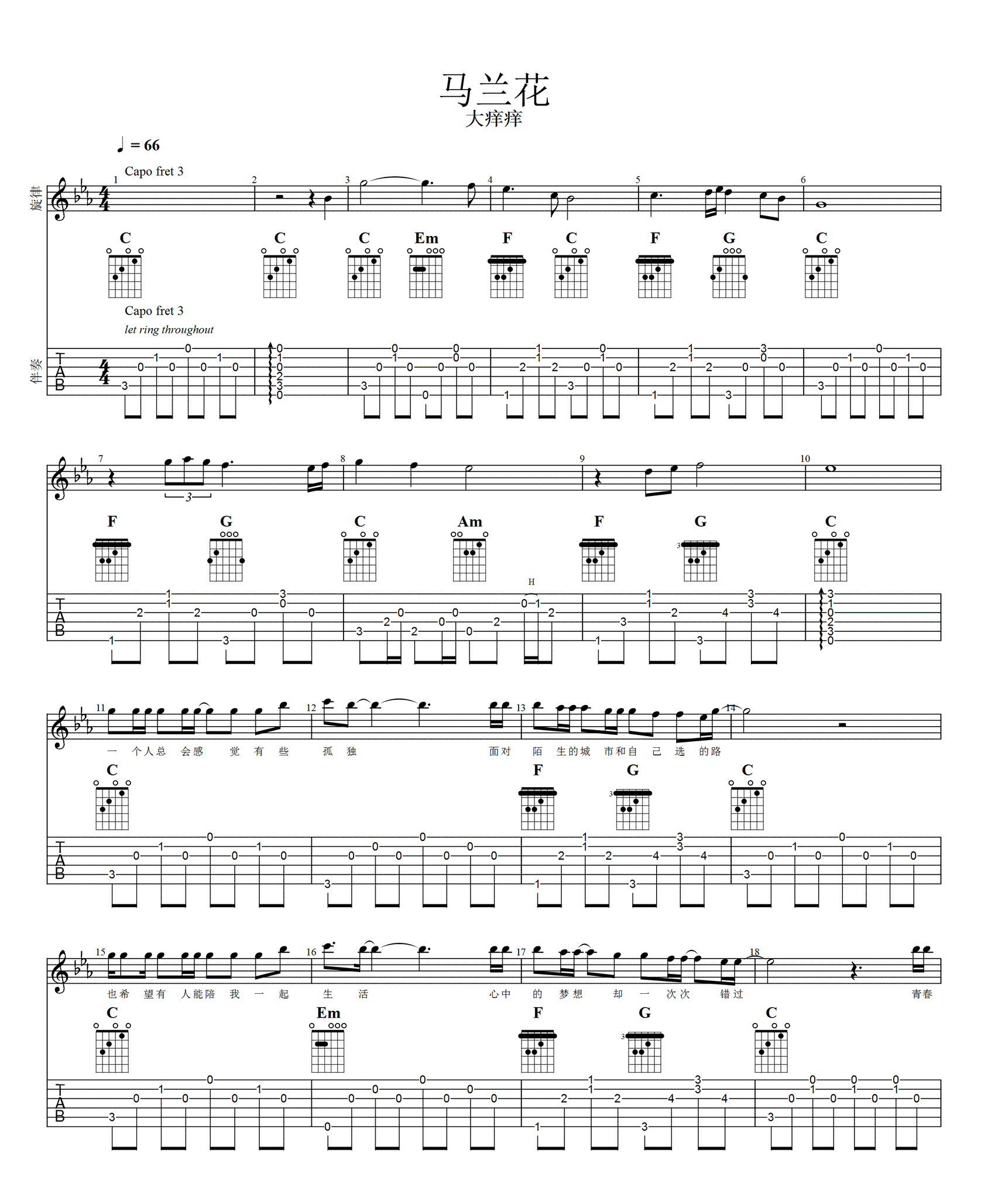 大痒痒《马兰花》吉他谱_C调原版弹唱谱 大痒痒《马兰花》吉他谱_C调原版弹唱谱