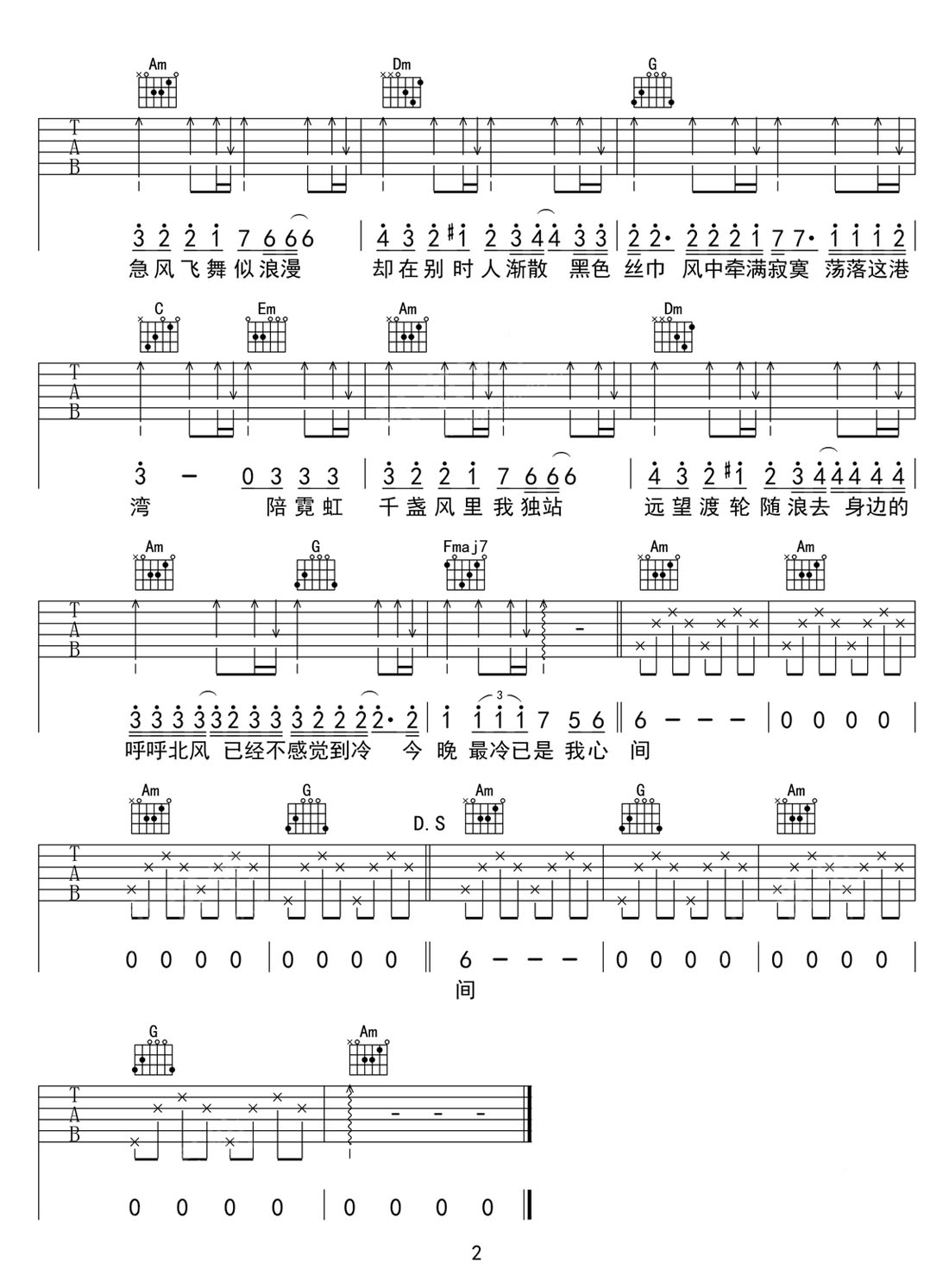 海南小崇《深夜港湾》吉他谱_C调简单版弹唱谱 海南小崇《深夜港湾》吉他谱_C调简单版弹唱谱