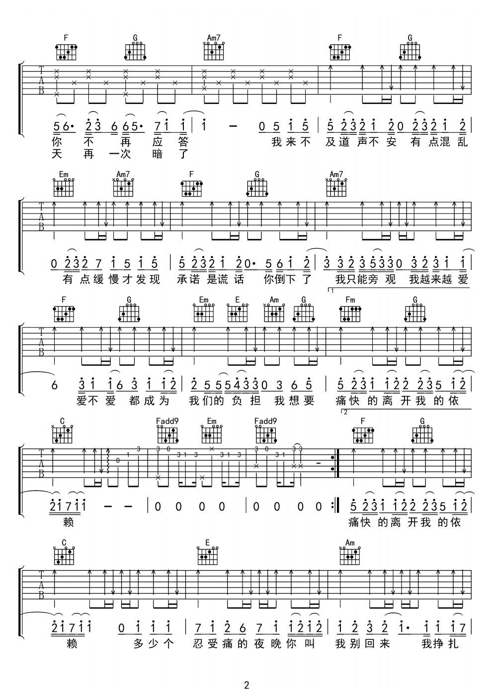 王艳薇《离开我的依赖》吉他谱_C调原版弹唱谱 王艳薇《离开我的依赖》吉他谱_C调原版弹唱谱