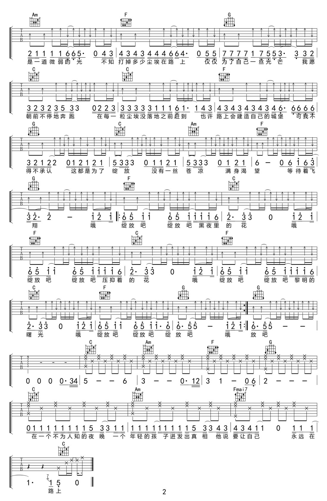 隔壁老樊《绽放》吉他谱_C调简单版弹唱谱