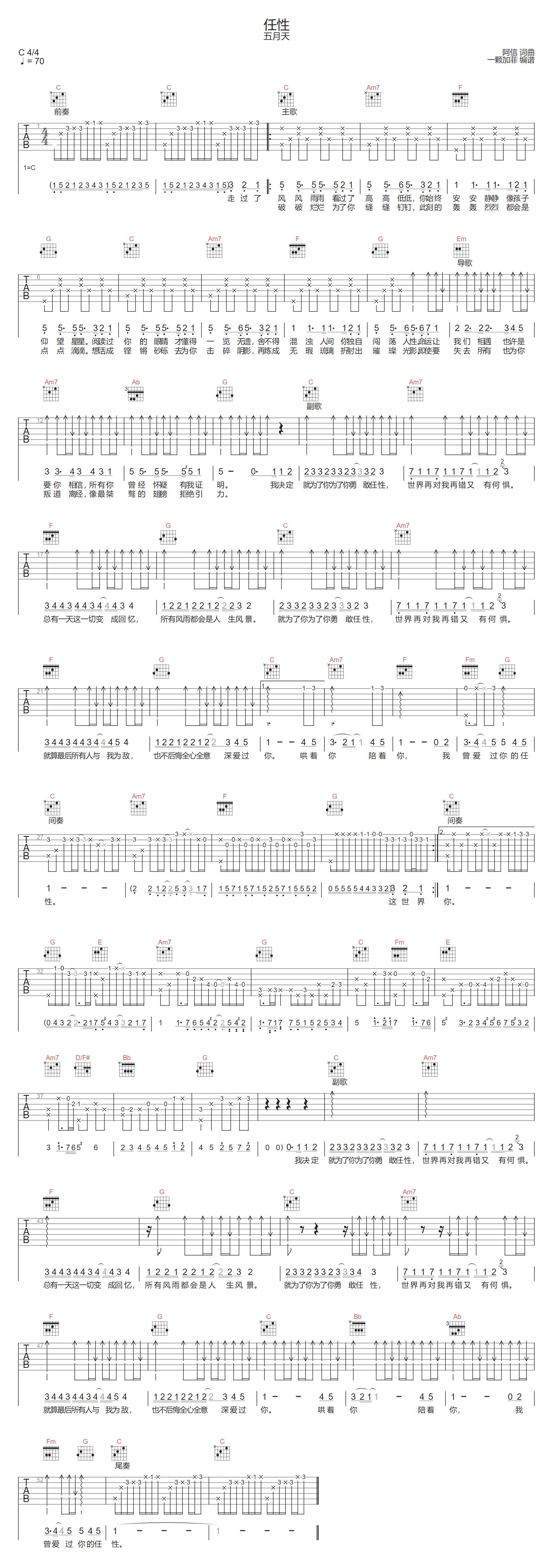 五月天《任性》吉他谱_C调原版弹唱谱