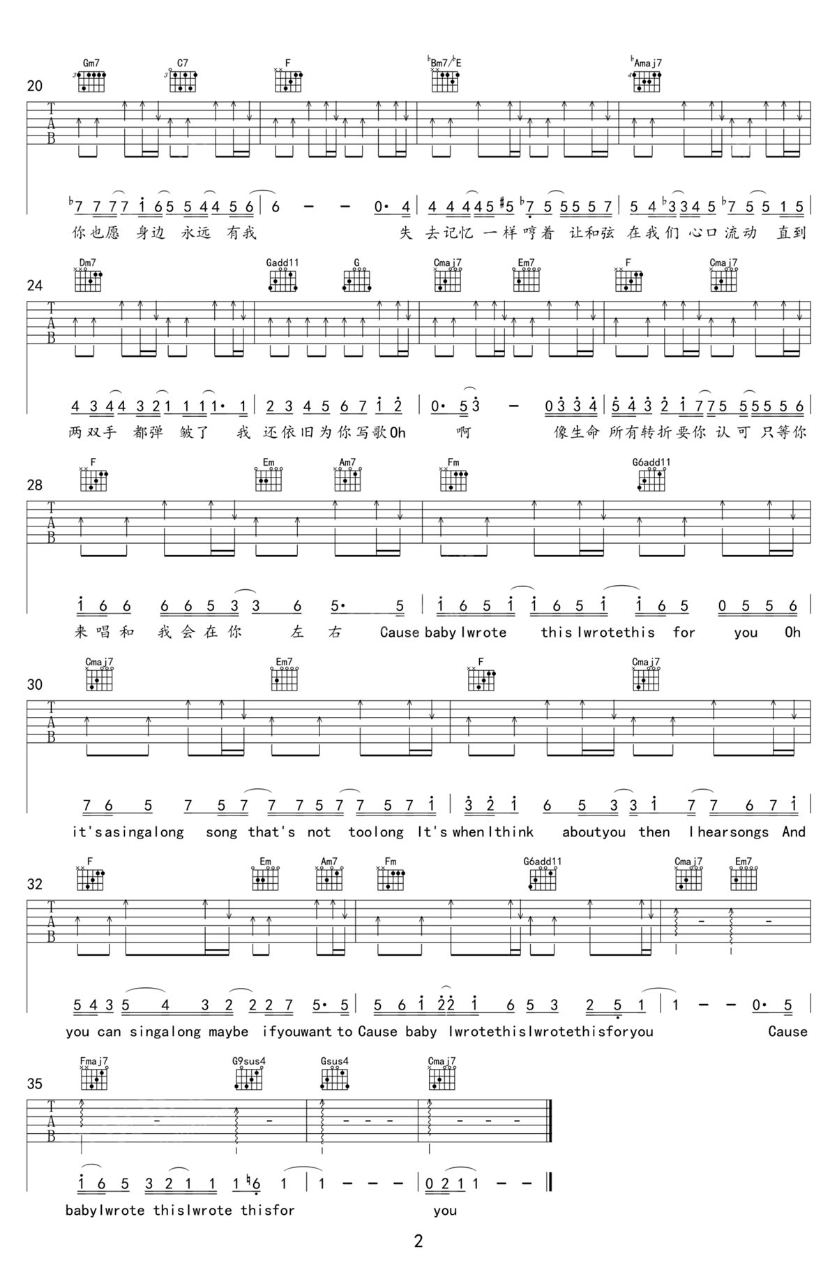 方大同《为你写的歌》吉他谱_C调弹唱谱 方大同《为你写的歌》吉他谱_C调弹唱谱