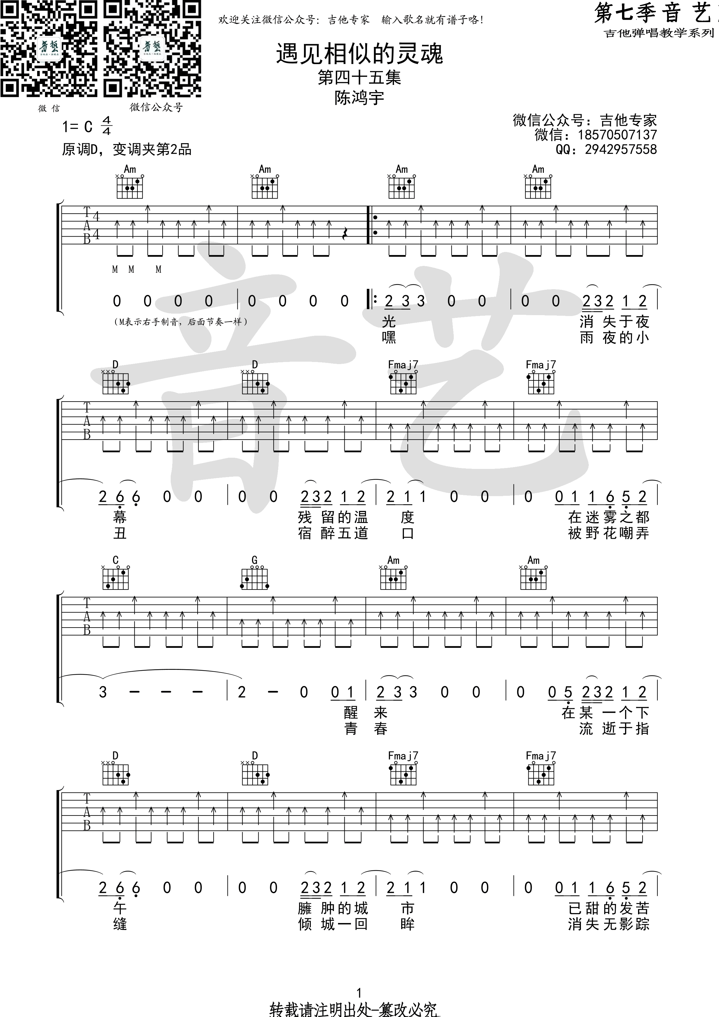 陈鸿宇/代鑫《遇见相似的灵魂》吉他谱_C调弹唱谱