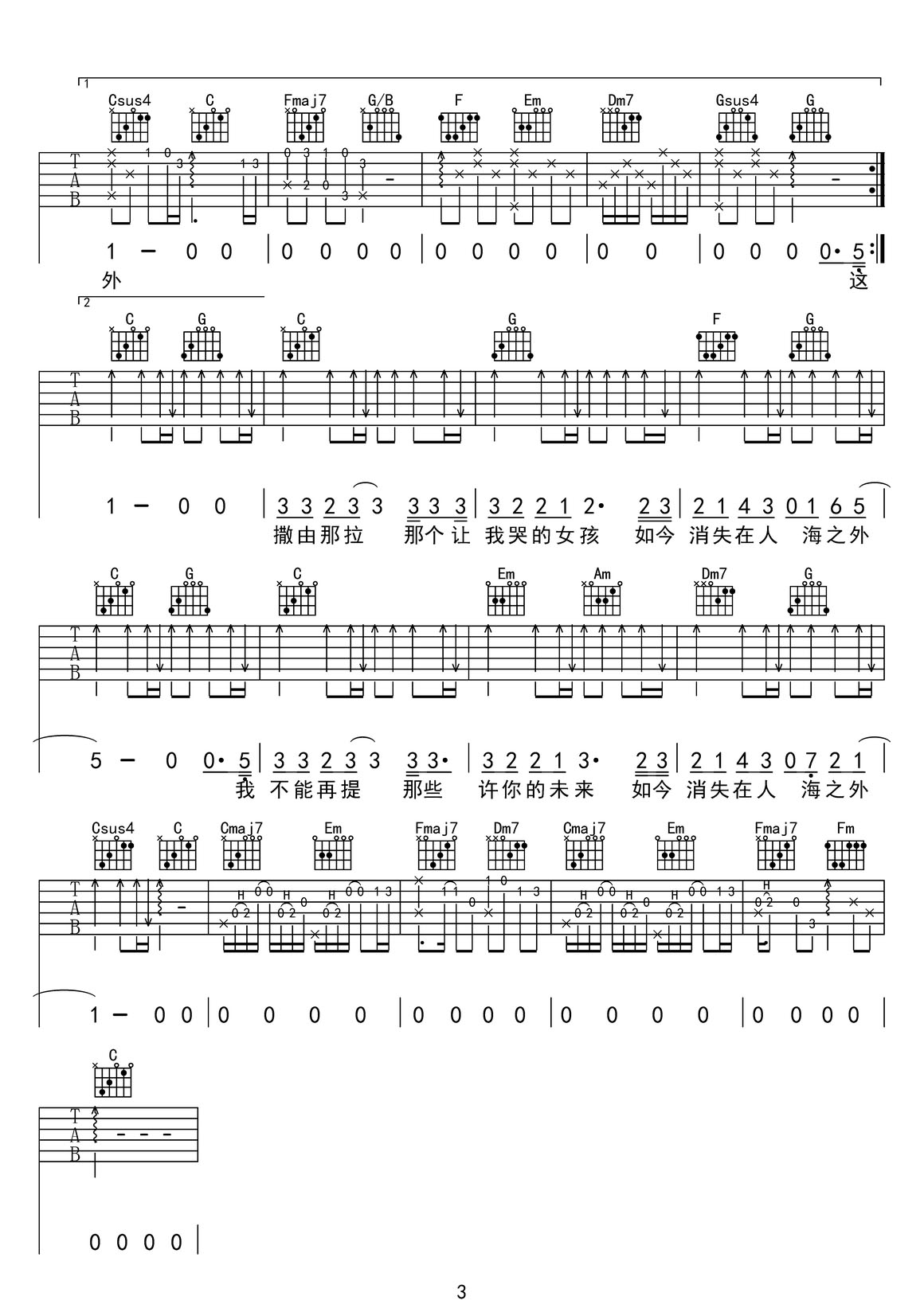 王赫野《从前那个女孩》吉他谱_C调原版弹唱谱