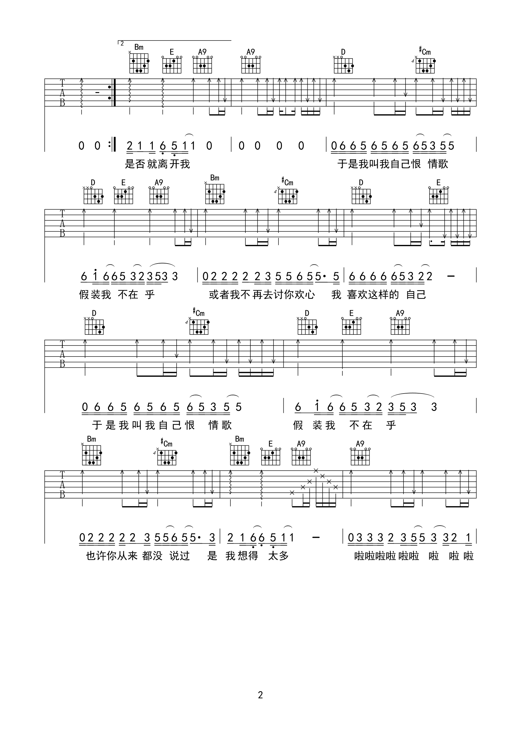 陈升《恨情歌》吉他谱_A调原版弹唱谱