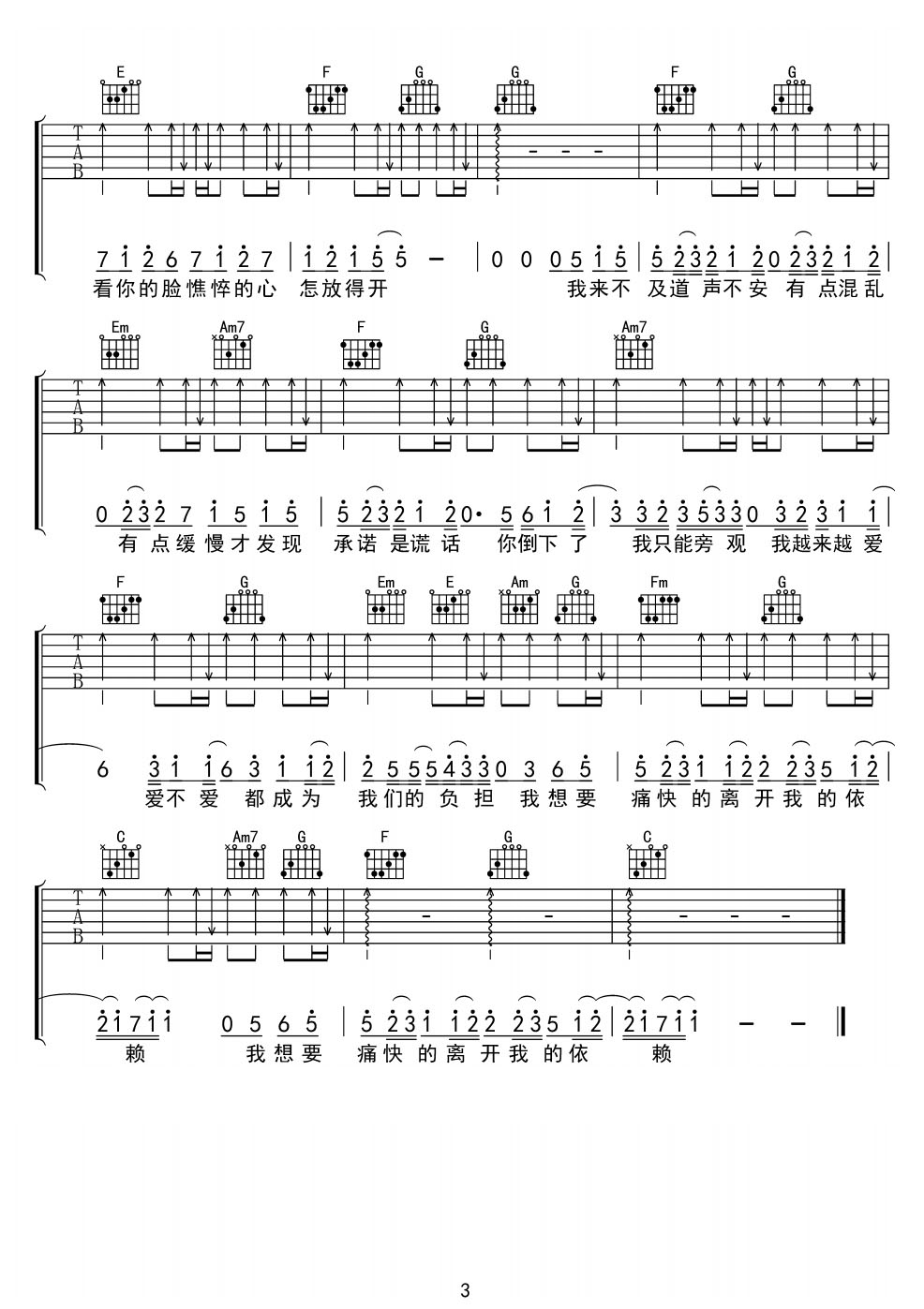 王艳薇《离开我的依赖》吉他谱_C调原版弹唱谱 王艳薇《离开我的依赖》吉他谱_C调原版弹唱谱