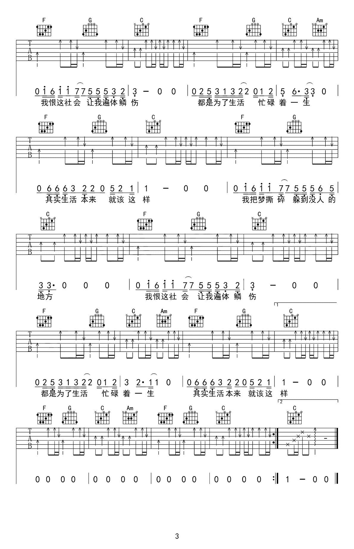 刘俊男《生活就这样》吉他谱_C调原版弹唱谱