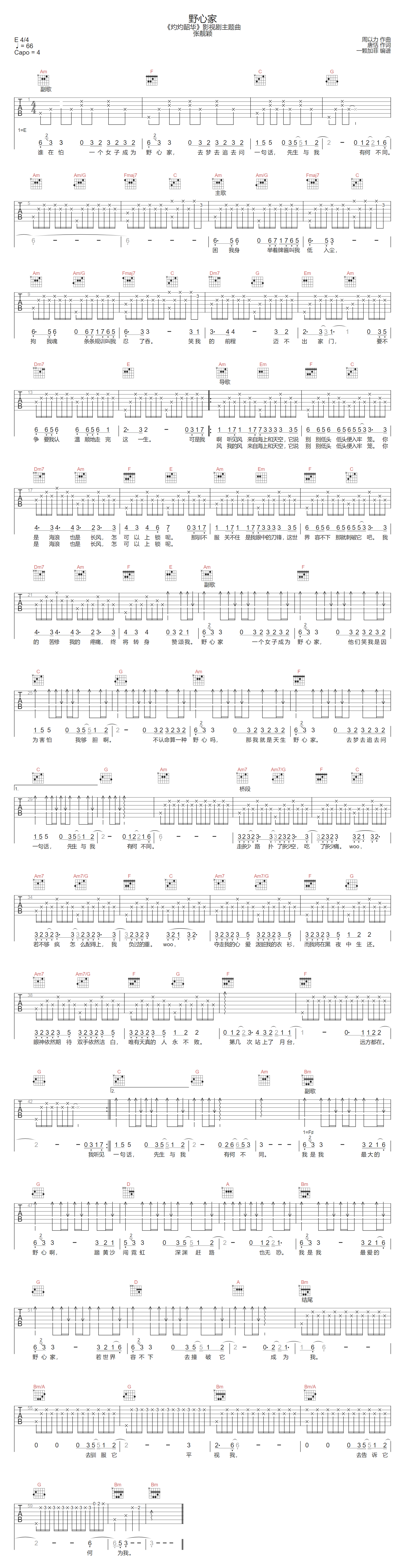 张靓颖《野心家》吉他谱_C调原版弹唱谱