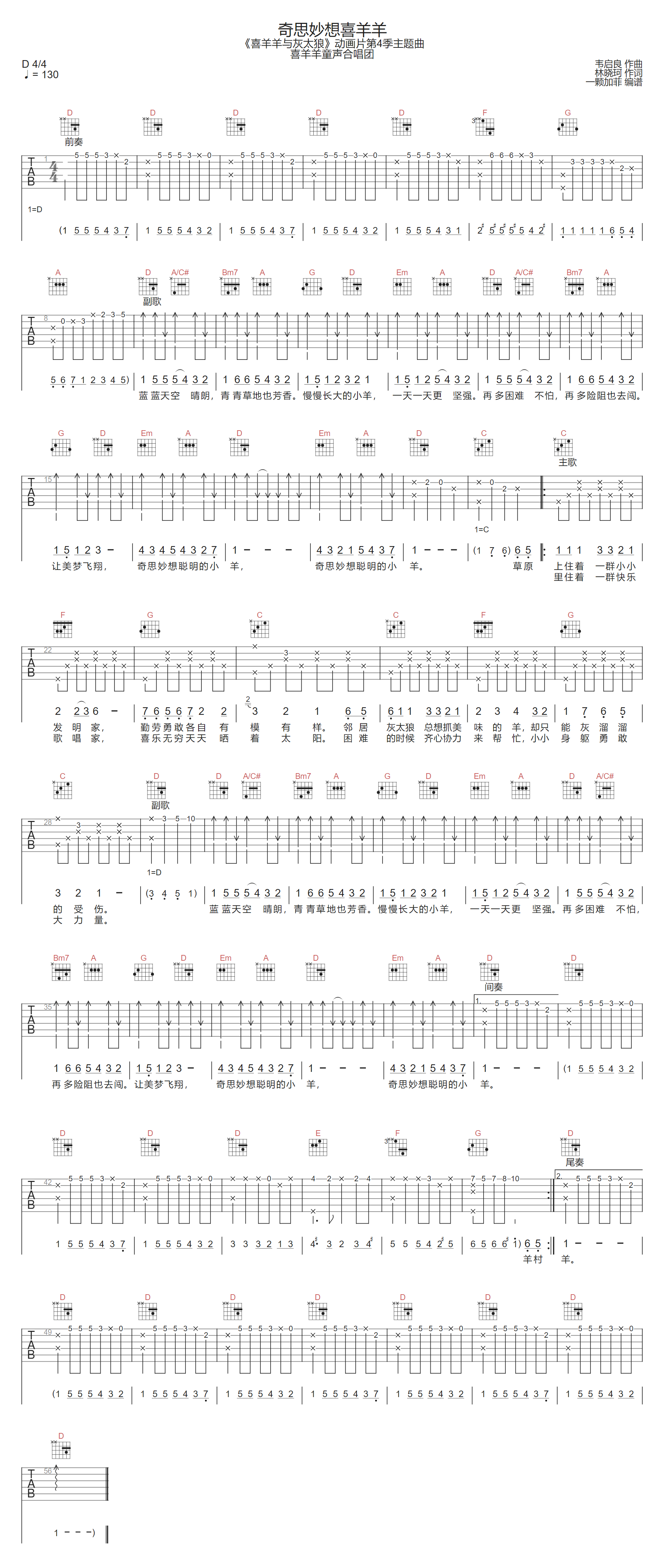 喜羊羊童声合唱团《奇思妙想喜羊羊》吉他谱_D调原版弹唱谱