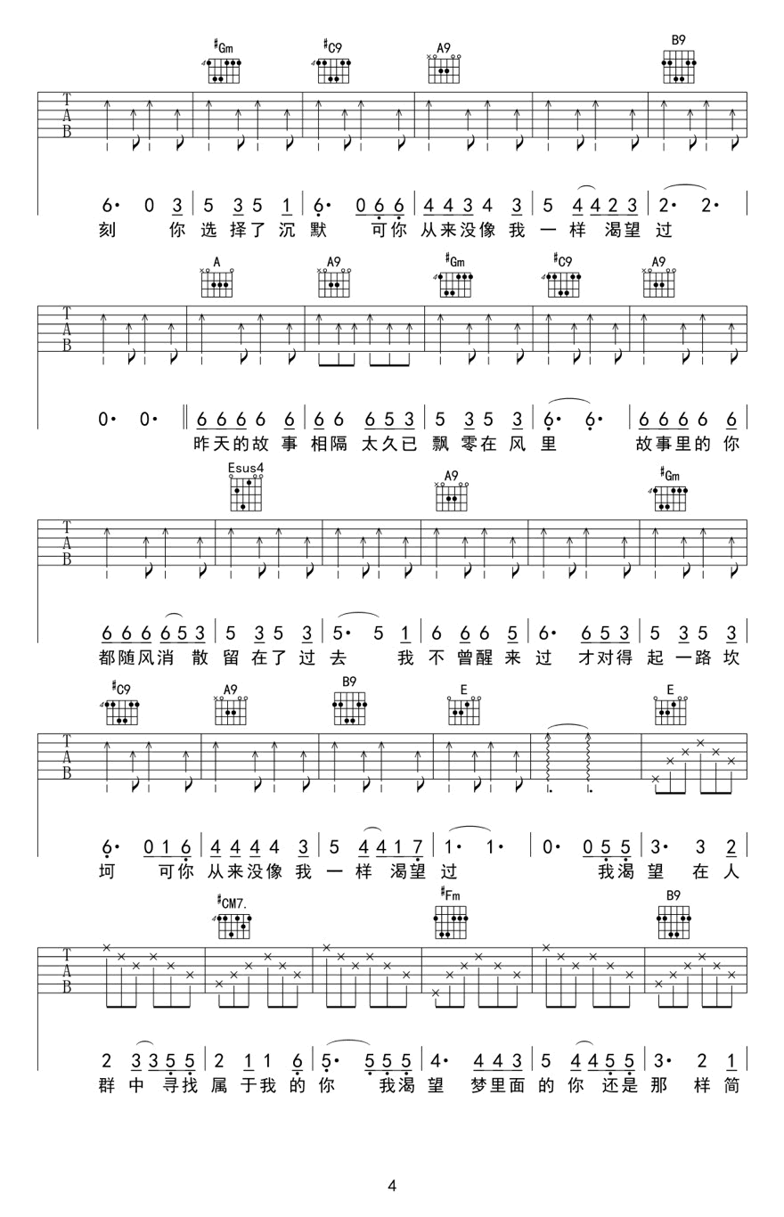 王宇良《我渴望》吉他谱_E调指法弹唱谱