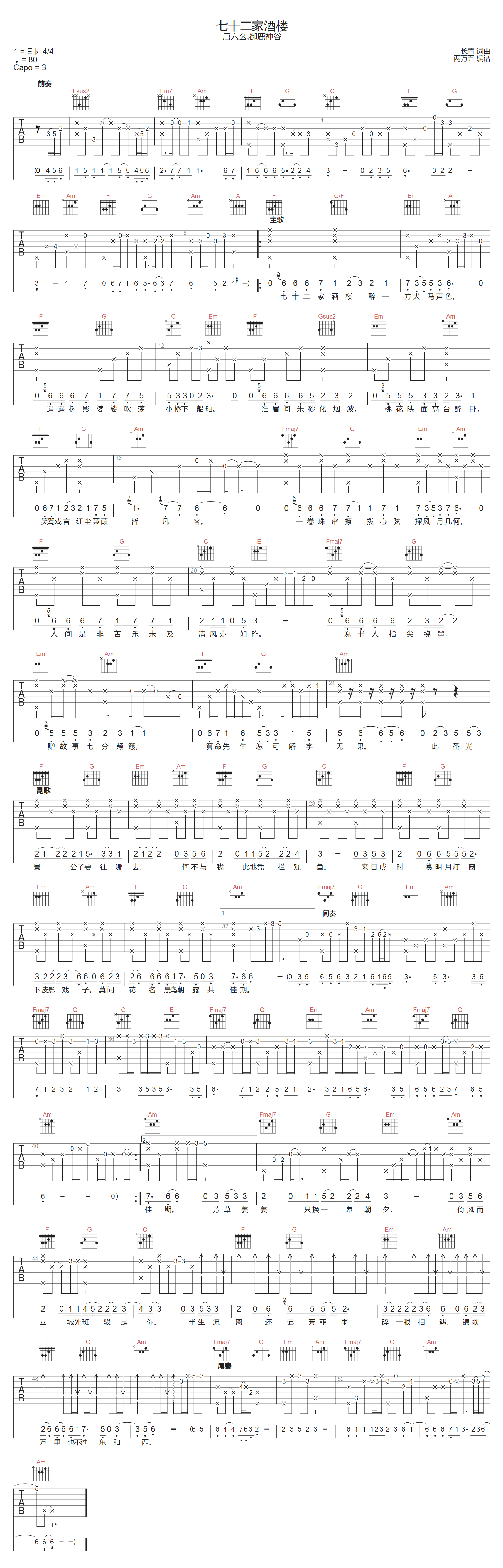 唐六幺/御鹿神谷《七十二家酒楼》吉他谱_C调原版