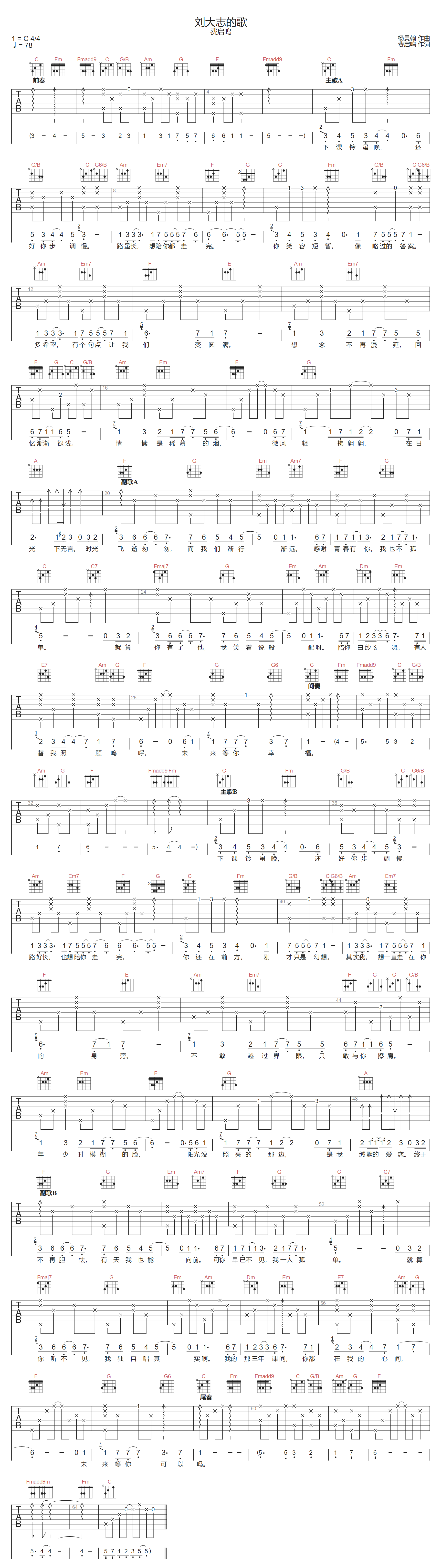 费启鸣《刘大志的歌》吉他谱_C调指法原版弹唱谱 费启鸣《刘大志的歌》吉他谱_C调指法原版弹唱谱