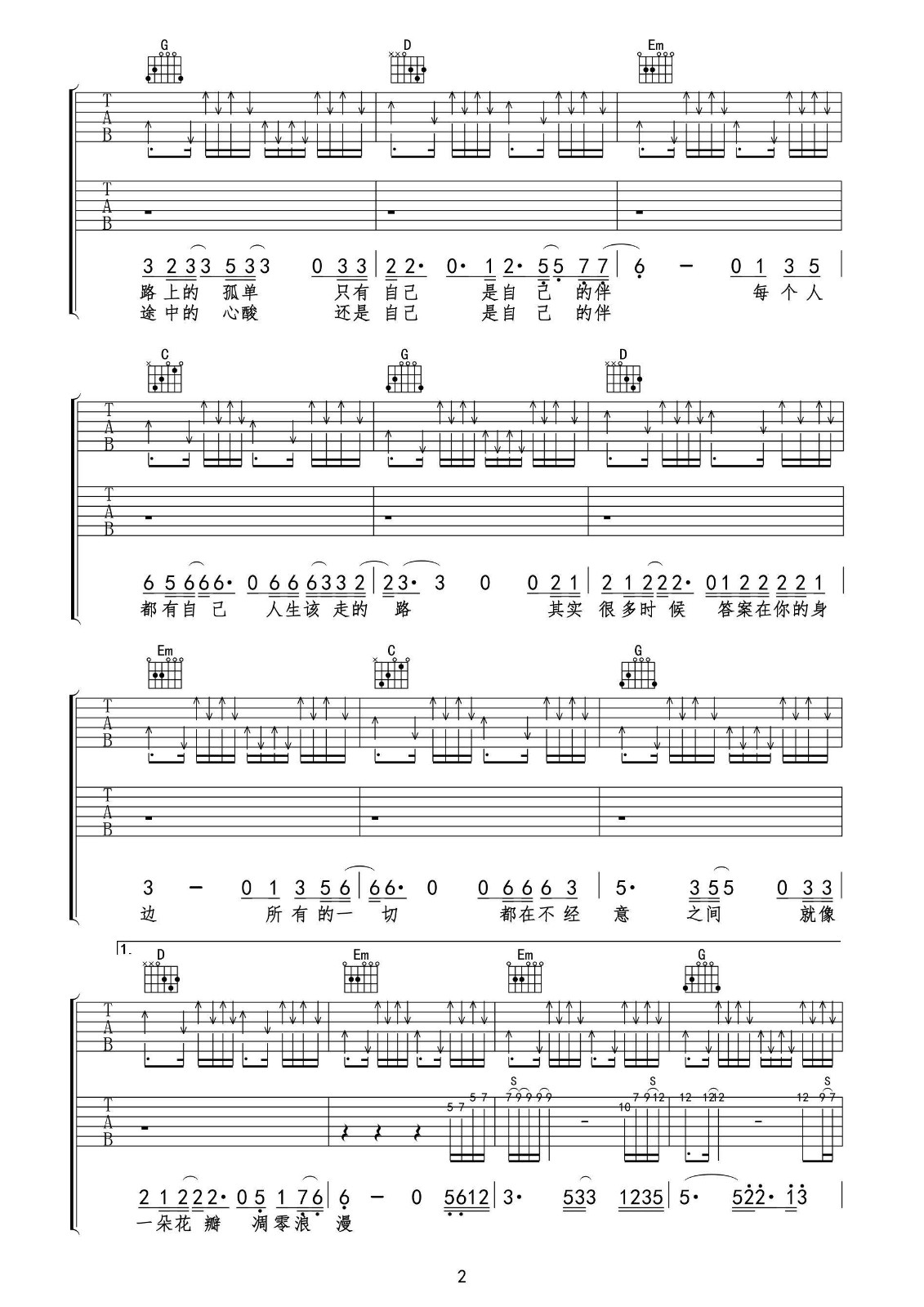 冷漠/杜青《该走的路》吉他谱_G调原版弹唱谱 冷漠/杜青《该走的路》吉他谱_G调原版弹唱谱