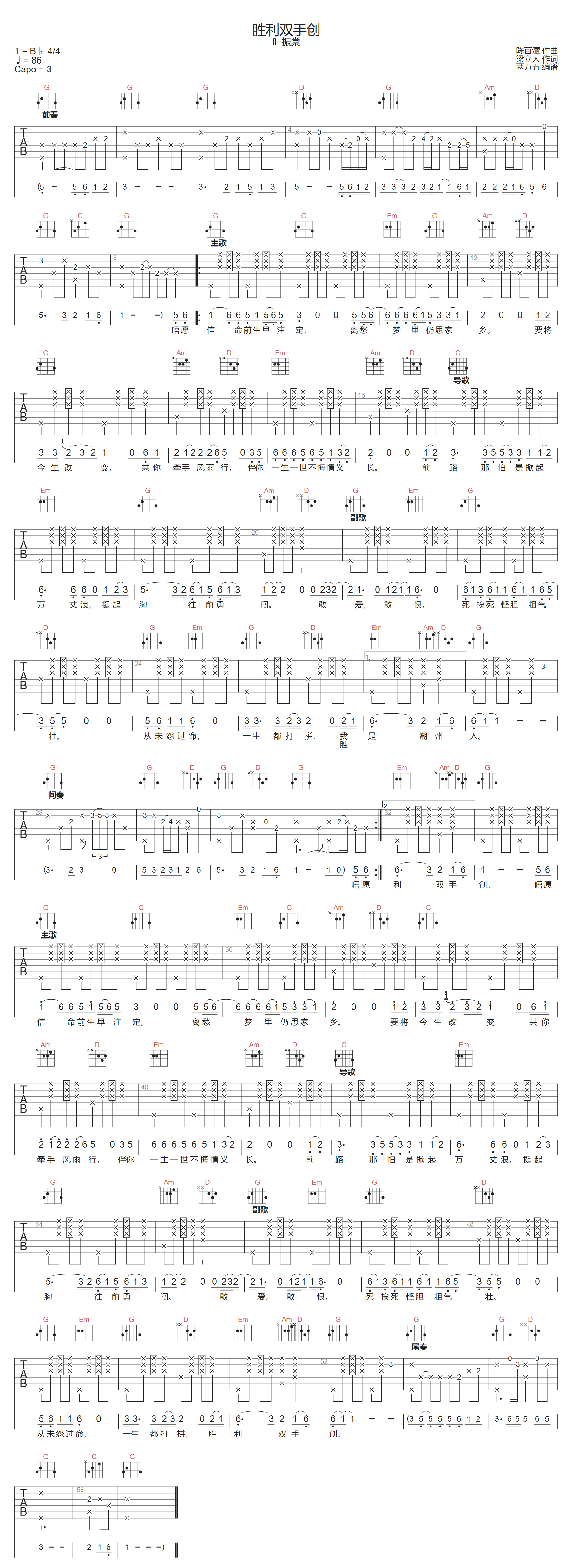 叶振棠《胜利双手创》吉他谱_G调指法原版弹唱谱